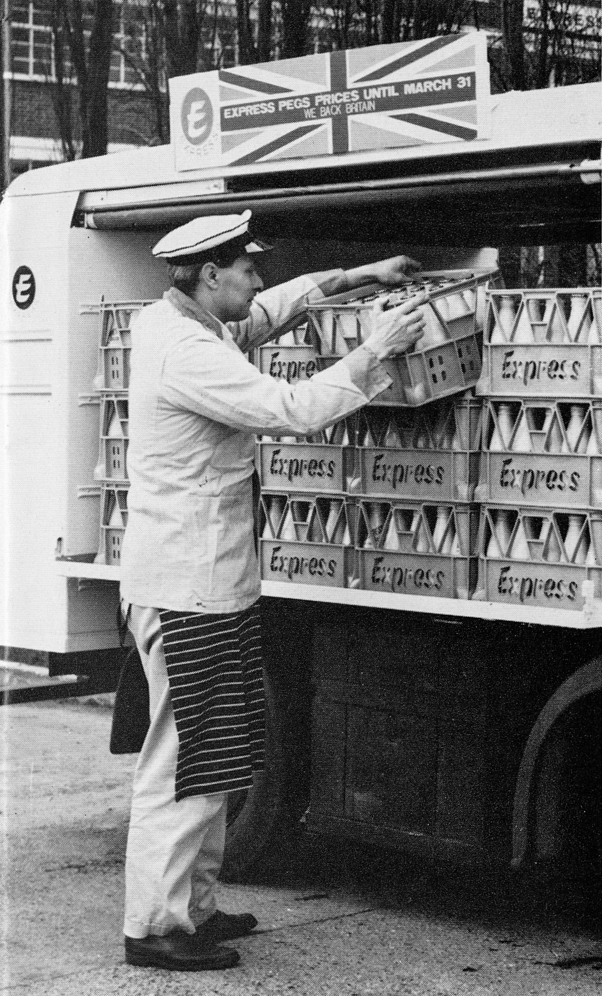 1968 Part of a 'Backing Britain' campaign, where Express pegged their prices for 6 months because of a national financial crisis. See the shop sign "Express Pegs Prices until 31st March" on a milk float. (Express News Spring)