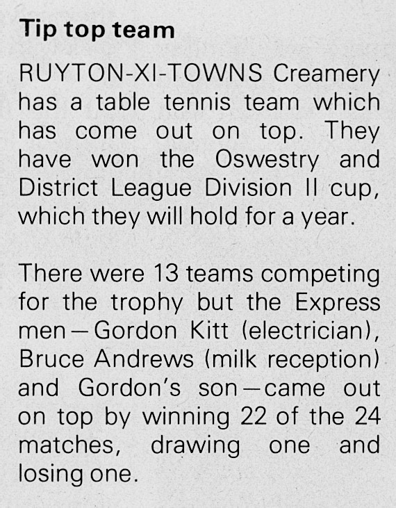 1982 Ruyton Creamery table tennis team win trophy, with Gordon Kitt, Bruce Andrews and Gordon's son. (Express News Summer)