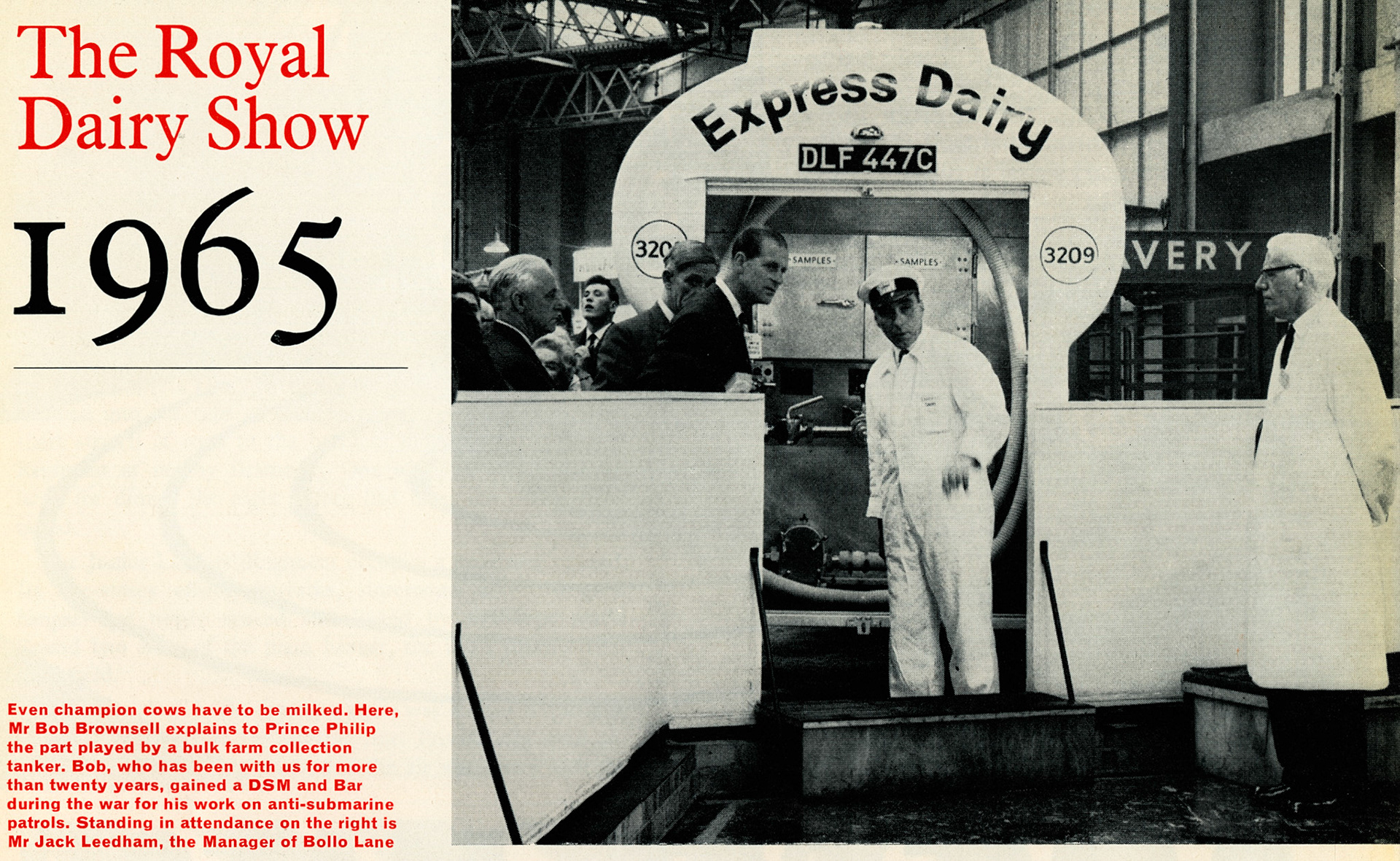 1965 Prince Philip views the Express Dairy stand at the Royal Dairy Show, with Bob Brownsell and Jack Leedham