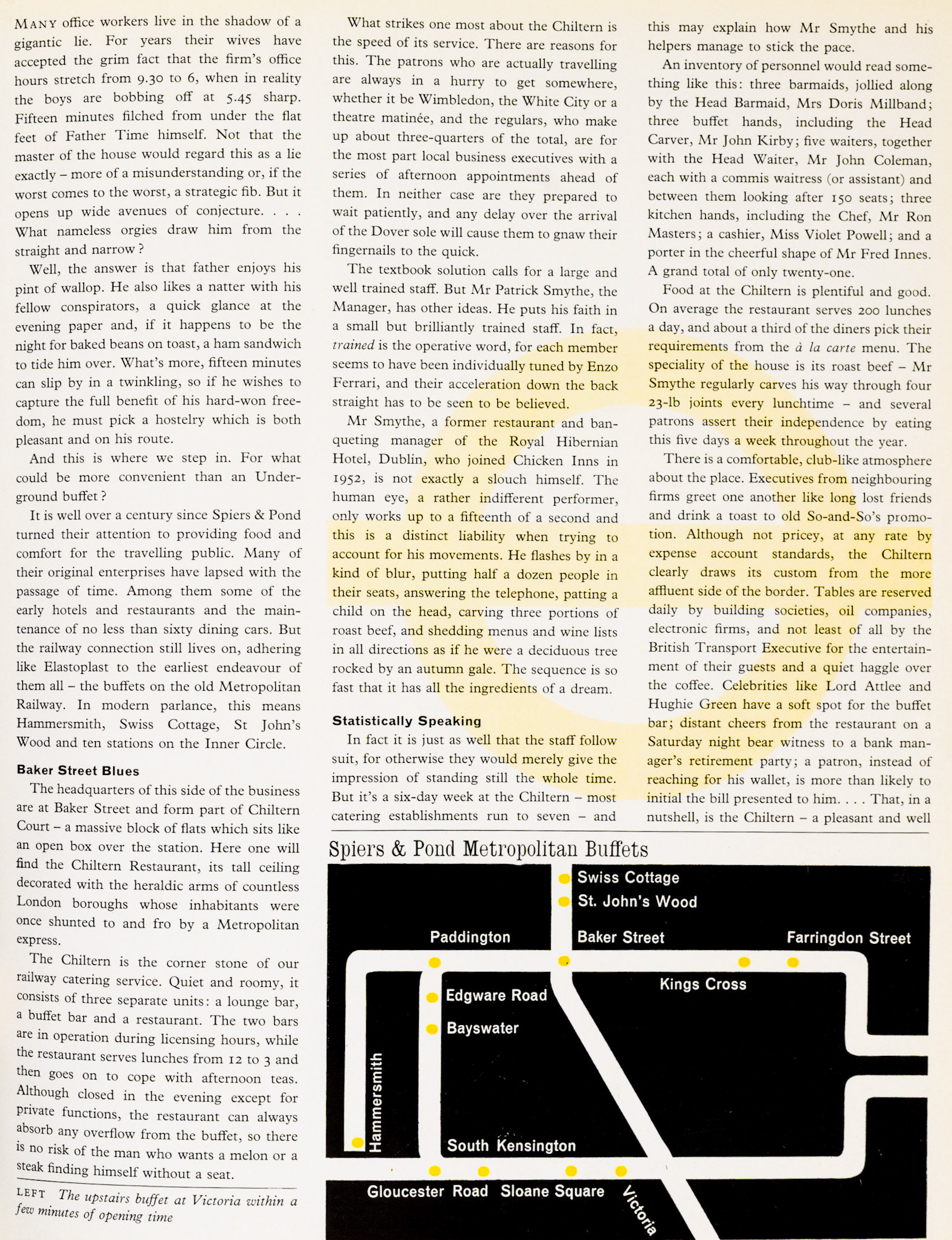 1962 Spiers &amp; Pond feature article-showing the location of licensed Buffets on the London Underground and describing the operation of the Chiltern Restaurant, off Baker Street, London. (Express News Autumn)