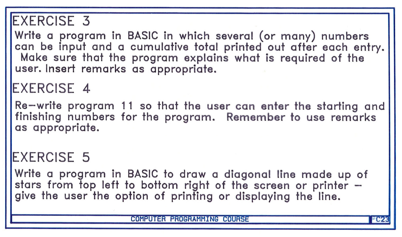 1987 Exercises for BASIC Programming Course