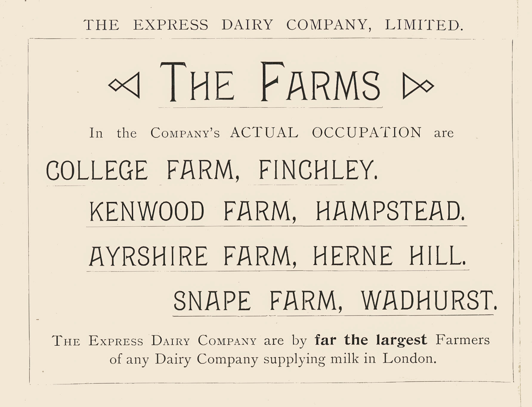 1893 List of four farms operated by The Express Dairy Company, from 'Souvenir from Finchley' (Courtesy Brian Wastell)