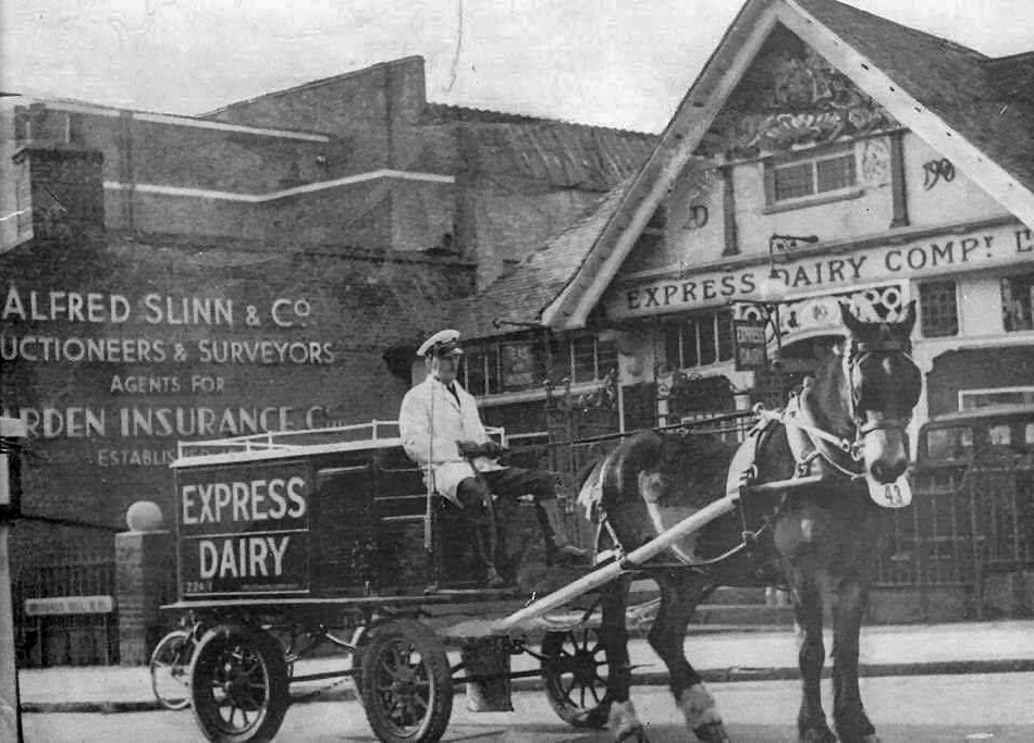 1951 Muswell Hill Depot. "Express milkman Bill Boon with horse 'Nobby' outside the Muswell Hill dairy. Bob Young comments "I loved working in that yard, you could still smell the horses in the seventies". John Whatling adds "Lots of those floats were abandoned on Frith Manor farm with the advent of electric vehicles." (Courtesy Michael Aldread)