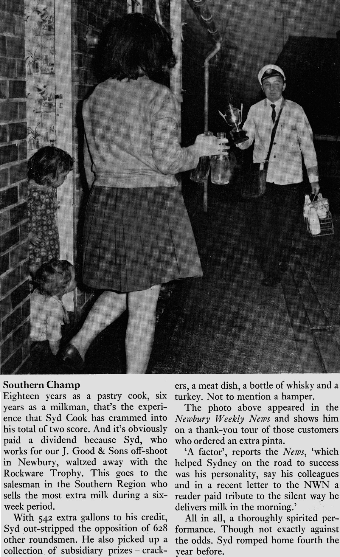 1970 J. Good and Sons Newbury milkman Syd Cook wins Rockware award for milk sales. (Express News Spring)