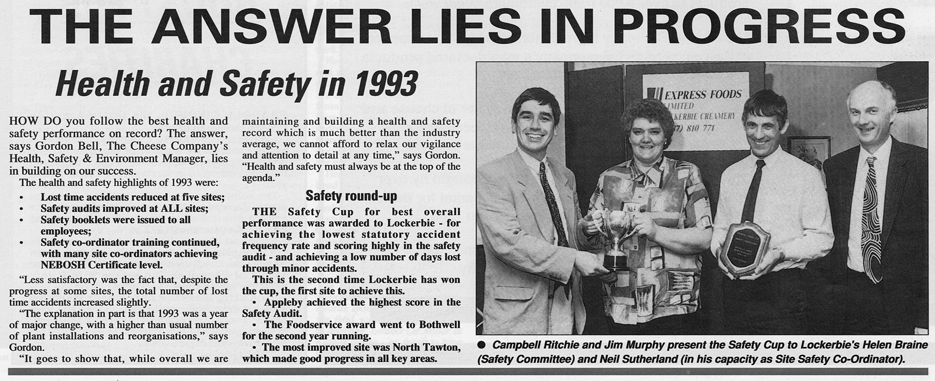 1994 - Lockerbie win Health and Safety award, featured in Cheese Company Newsletter