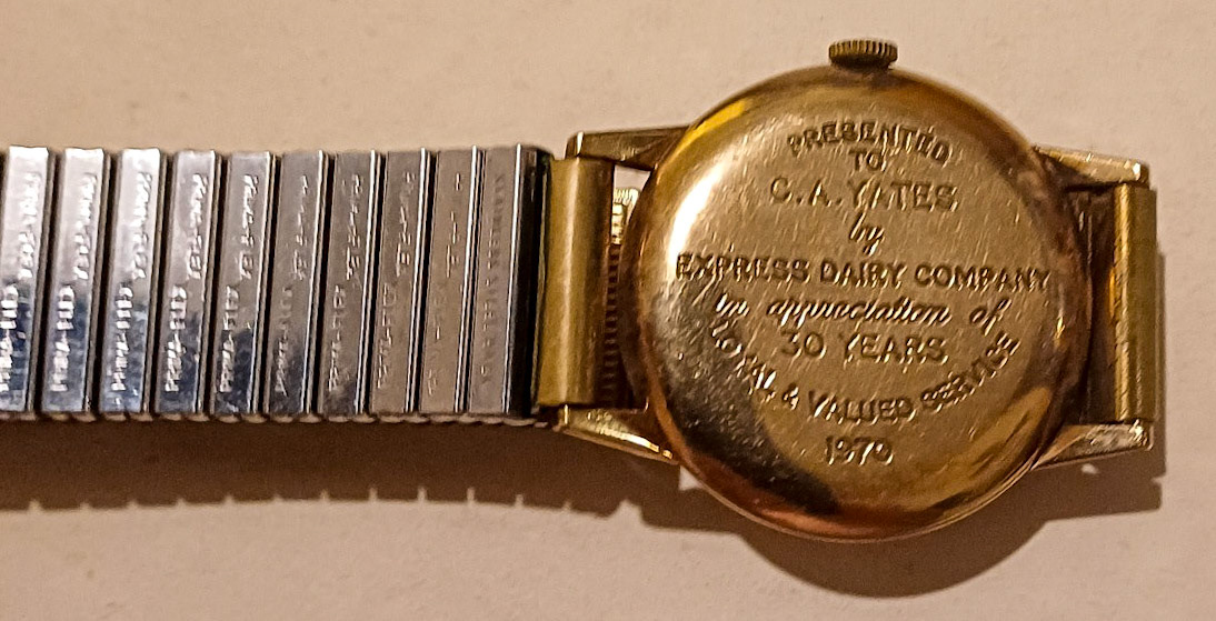 1965-70 Kevin Yates explains "These are items that belonged to my dad Cyril Anthony Yates when he worked for Express Dairy at Levenshulme, as Rounds Supervisor. The watch was for 30 years service in 1970, the other items are from 1965. He worked for Dobson's before Express took over, he sadly passed away in 1987. I joined Express Dairy in 1972 straight from school - I have been retired for two years now (2025). (Courtesy Kevin Yates)