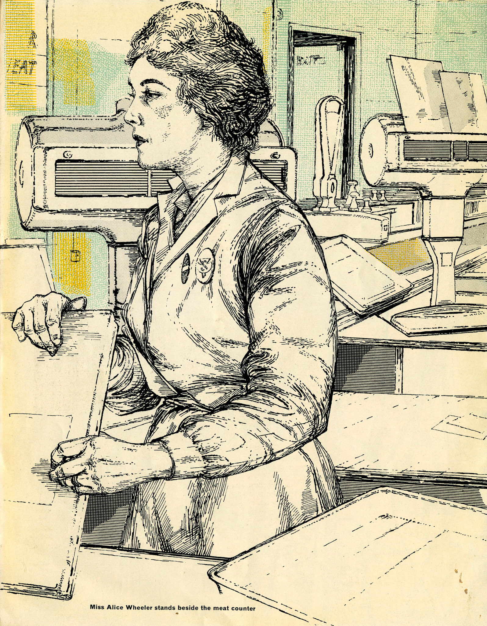 1962 Yiewsley Shop branch sketches - Miss Alice Wheeler at the meat counter
