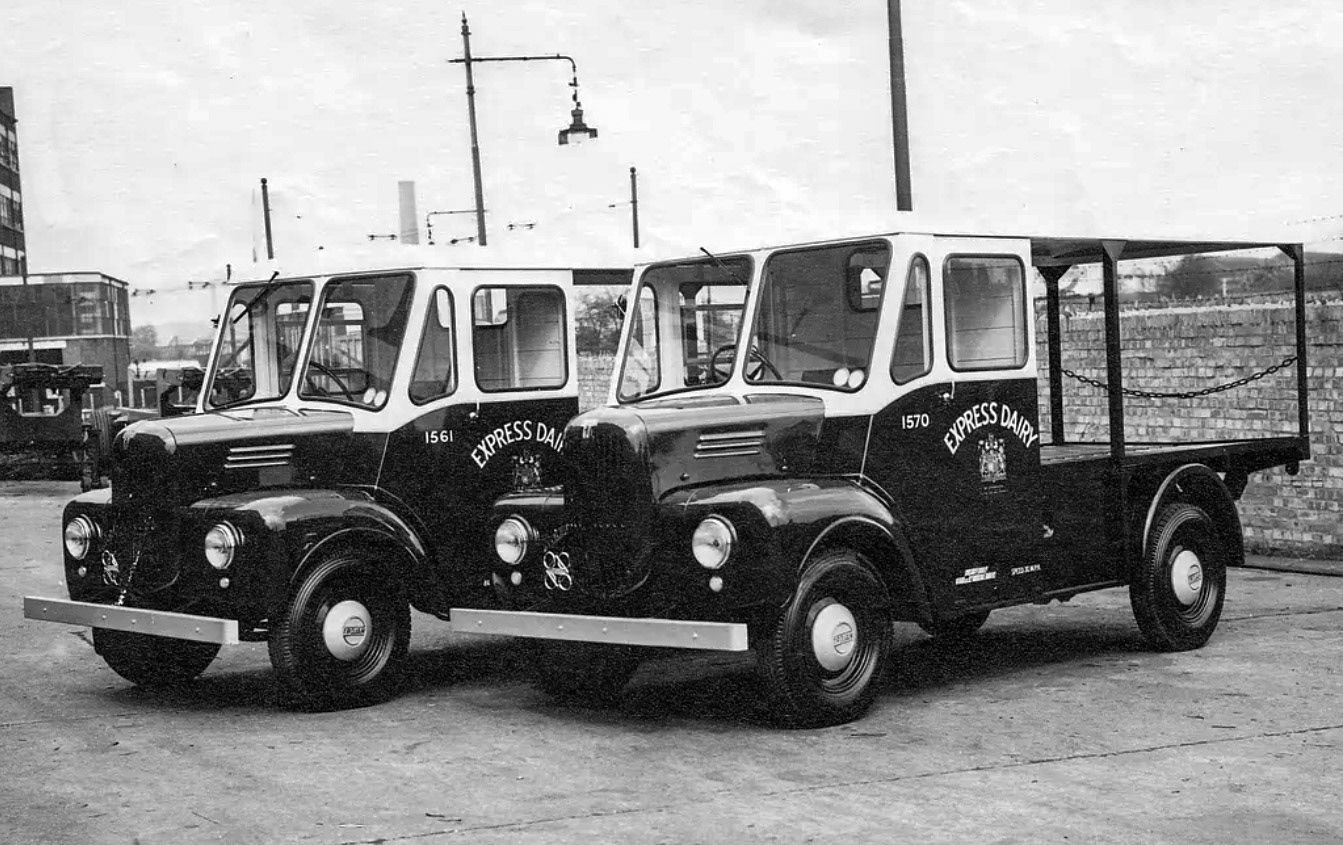 Express Dairy milk floats No's. 1561 and 1570. Dave Fane comments "The bodywork on Trojan 1570, and I would think the other ones, was done by Strachans of Acton, where I expect the photos were taken. Float 1570 was sold on after about two years with Express." (Courtesy Trojan Trust)