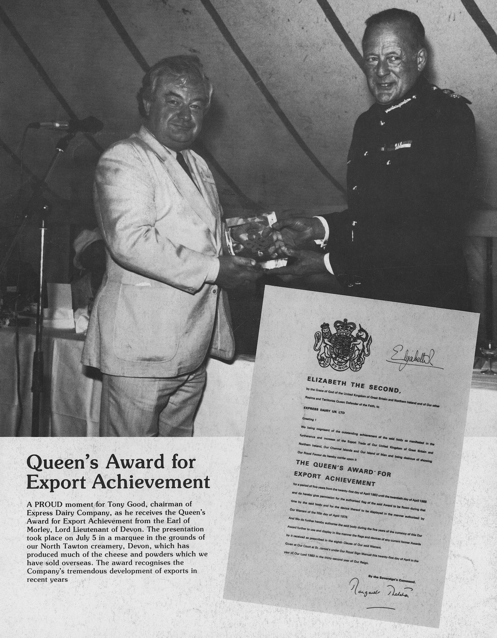 1983 Express News back cover - Tony Good, chairman of Express Dairy, receiving the Queen's Award for Export Achievement from the Earl of Morley, Lord Lieutenant of Devon