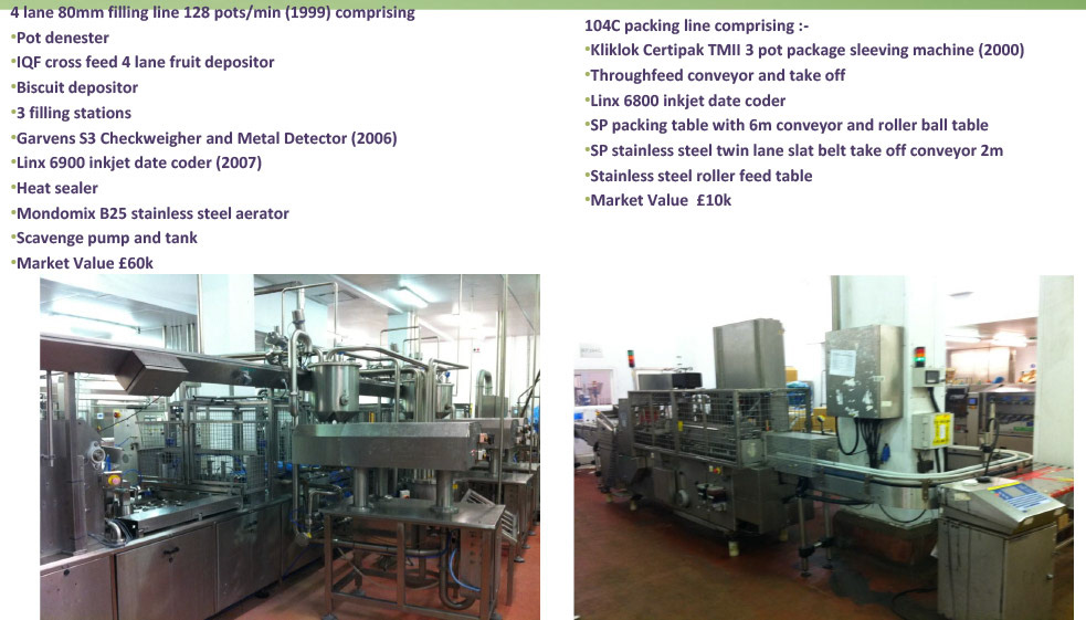 2012 Minsterley: Desserts Filling Equipment-Regal RP104 80mm 4 lane filling line and sleever. (Greencore Asset Sale on purchase by Muller, Courtesy Paul Bloor)