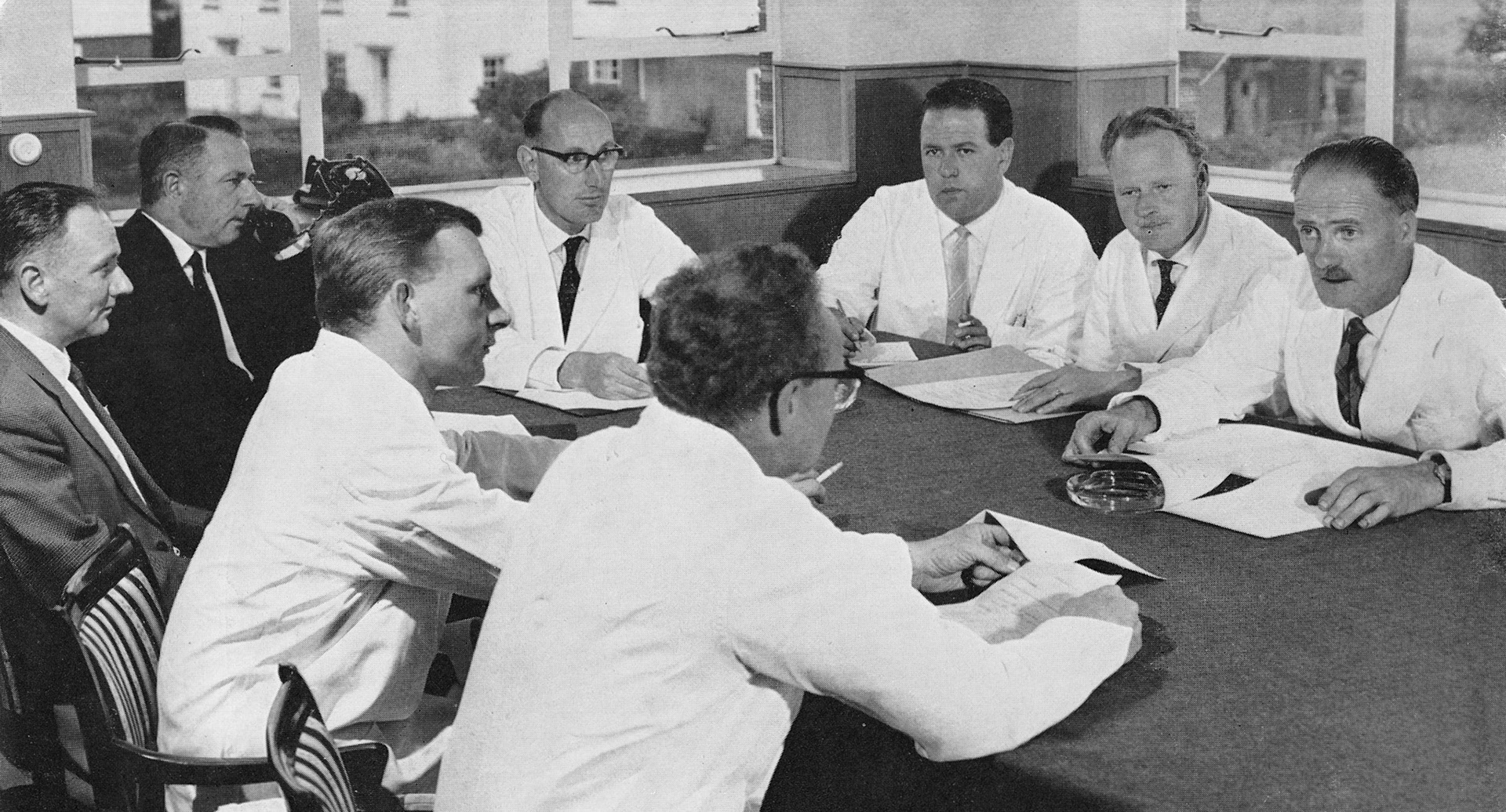 1963 Goldhanger Fruit Farm, Essex. Clockwise from the head of the table: James Keyte-General Manager, Donald Moorse-Works Engineer, Derek  Lingwood-Warehouse Superintendant, Lindsay Todd, Peter Goose-Quality Control, Edward Haynes-Accounting and Office Admin, Tom Ianson-Sales. (Express News Autumn)