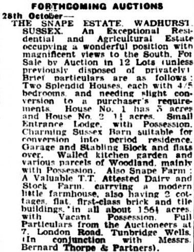 1955 Snape Estate up for auction. Kent &amp; Sussex Courier. (Courtesy of THE BRITISH LIBRARY BOARD)