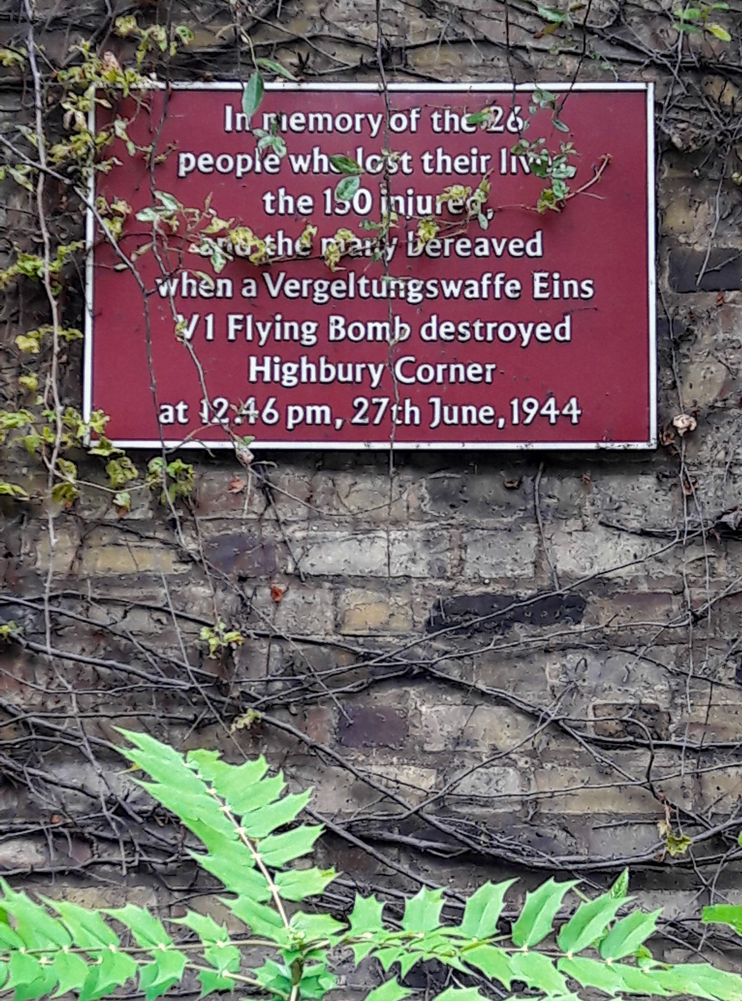 1944 Memorial of Highbury Corner V1 flying bomb.