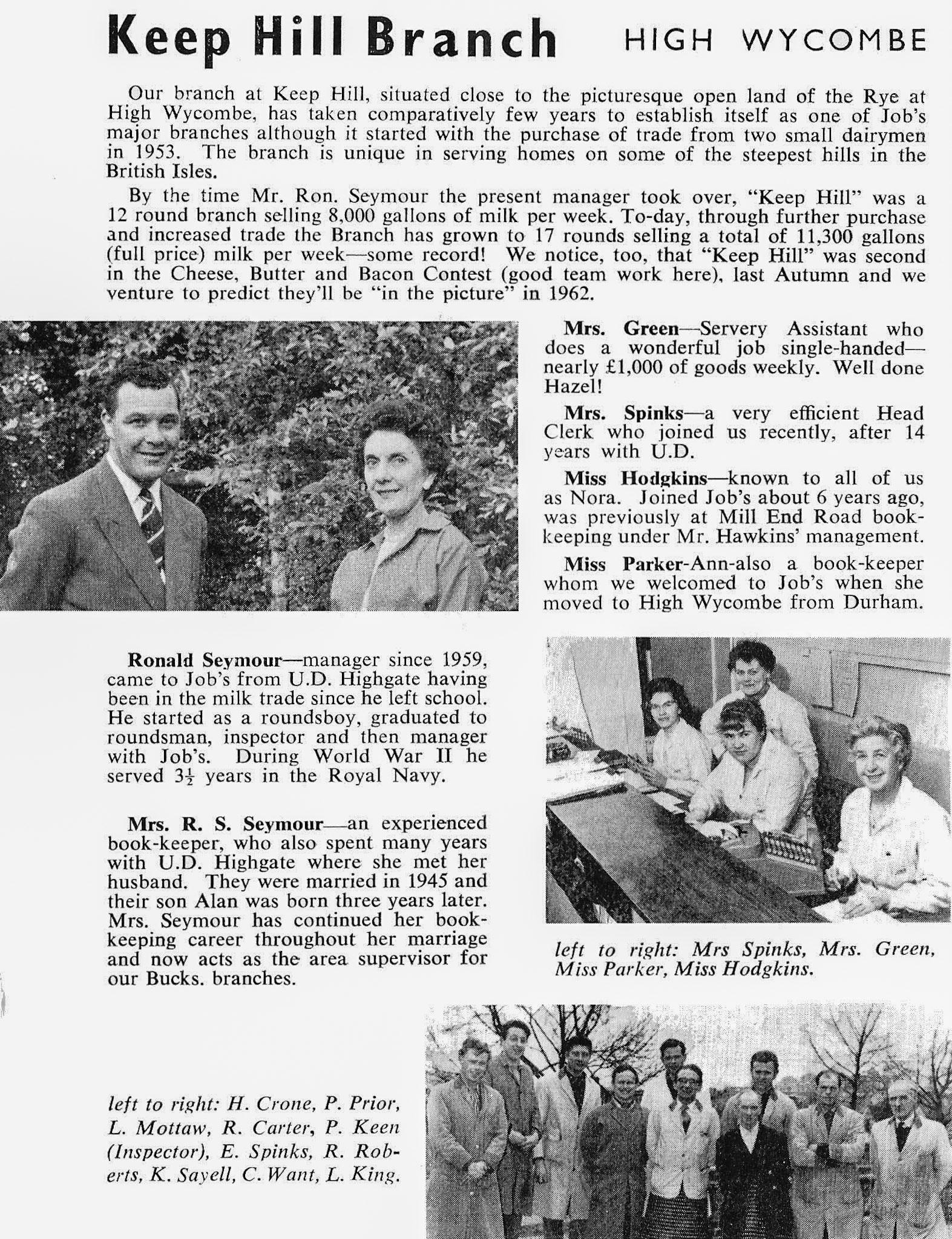 1962 Job's Keep Hill branch, High Wycombe. Sharon Stevenson comments "Charlie Martin &amp; Len Mottau were at Express when I started in 1977. Charlie did round 9 and I think Len was a foreman." (From Book of Job House Magazine, Spring)
