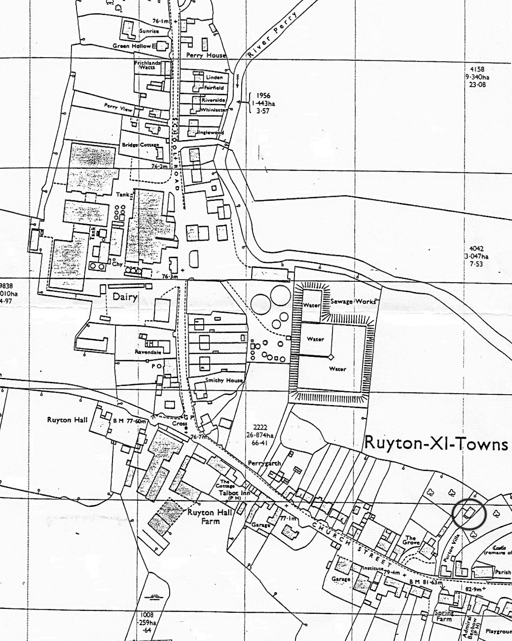 1975 map of Ruyton, showing the dairy and Hall Farm. (Courtesy Margaret Lycett)