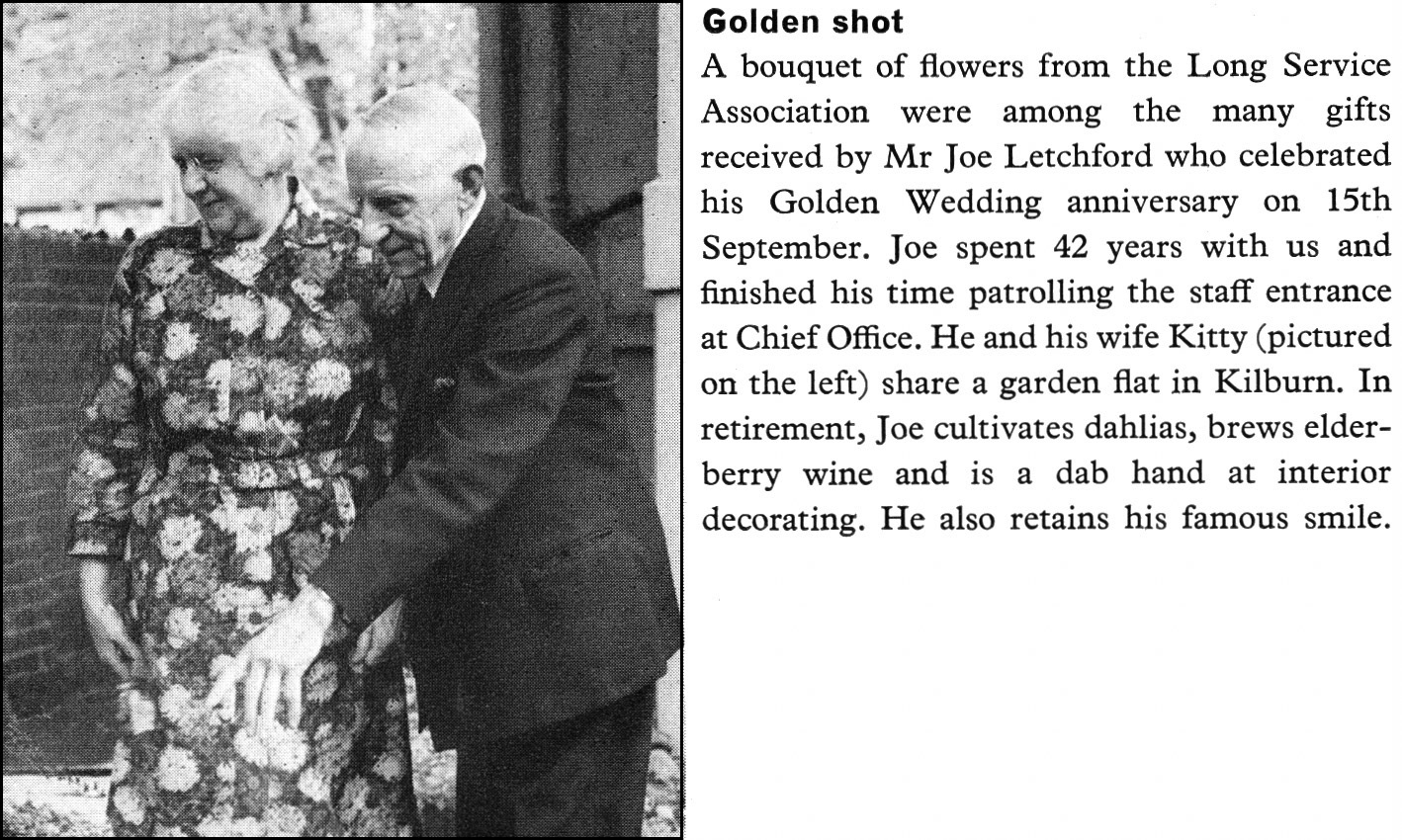 1967 Joe Letchford retired from Chief Office after 42 years and here celebrated his Golden Wedding with his wife Kitty. (Express News Christmas)