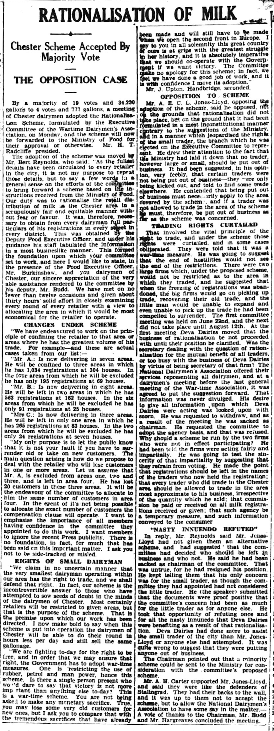 1942 Rationalisation of milk distribution in wartime. (Courtesy Cheshire Observer - Saturday 19 September)