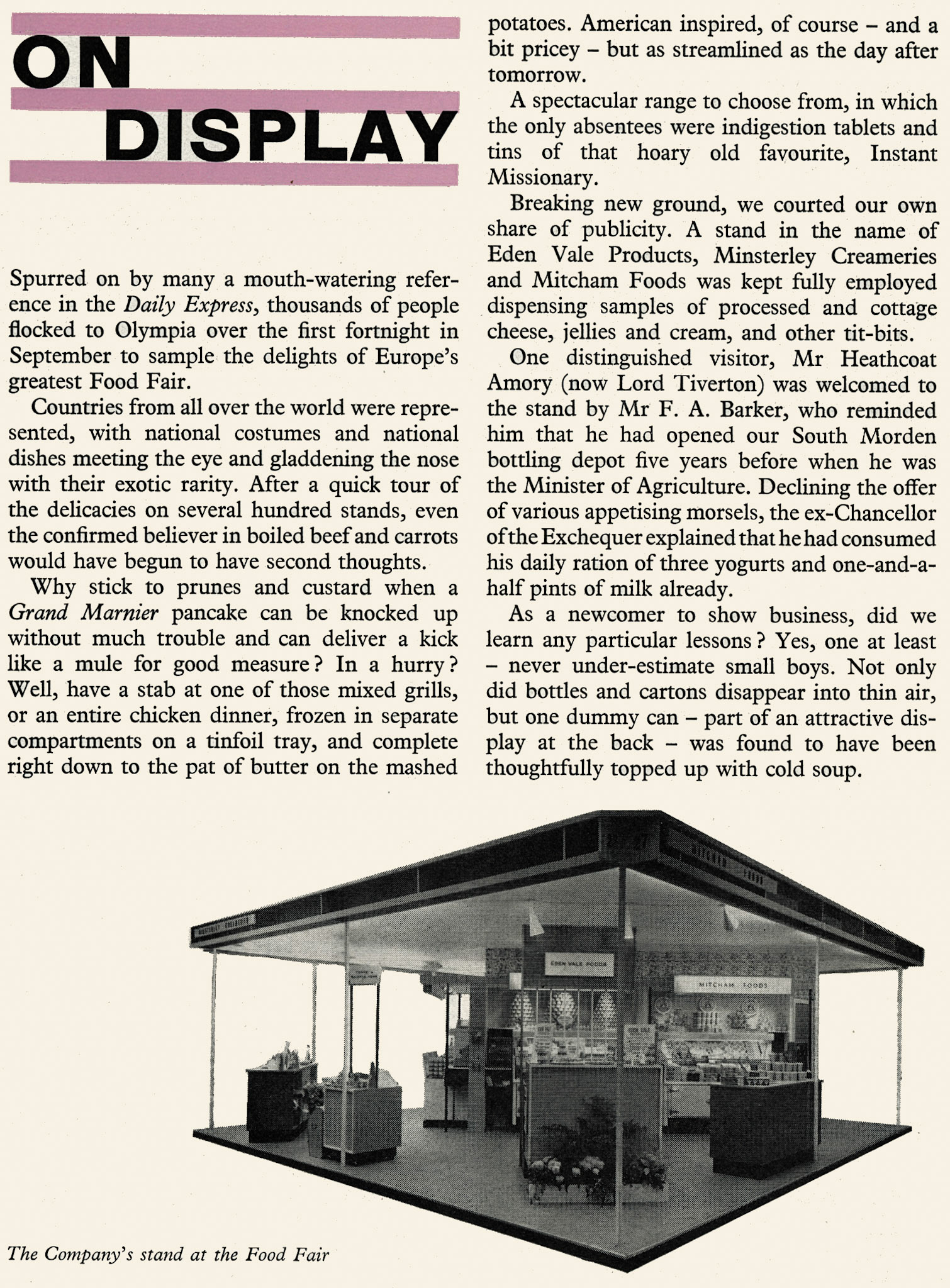1960 Express exhibited at the Food Fair at Olympia, representing Eden Vale, Minsterley Creameries and Mitcham Foods. (Express News Autumn)