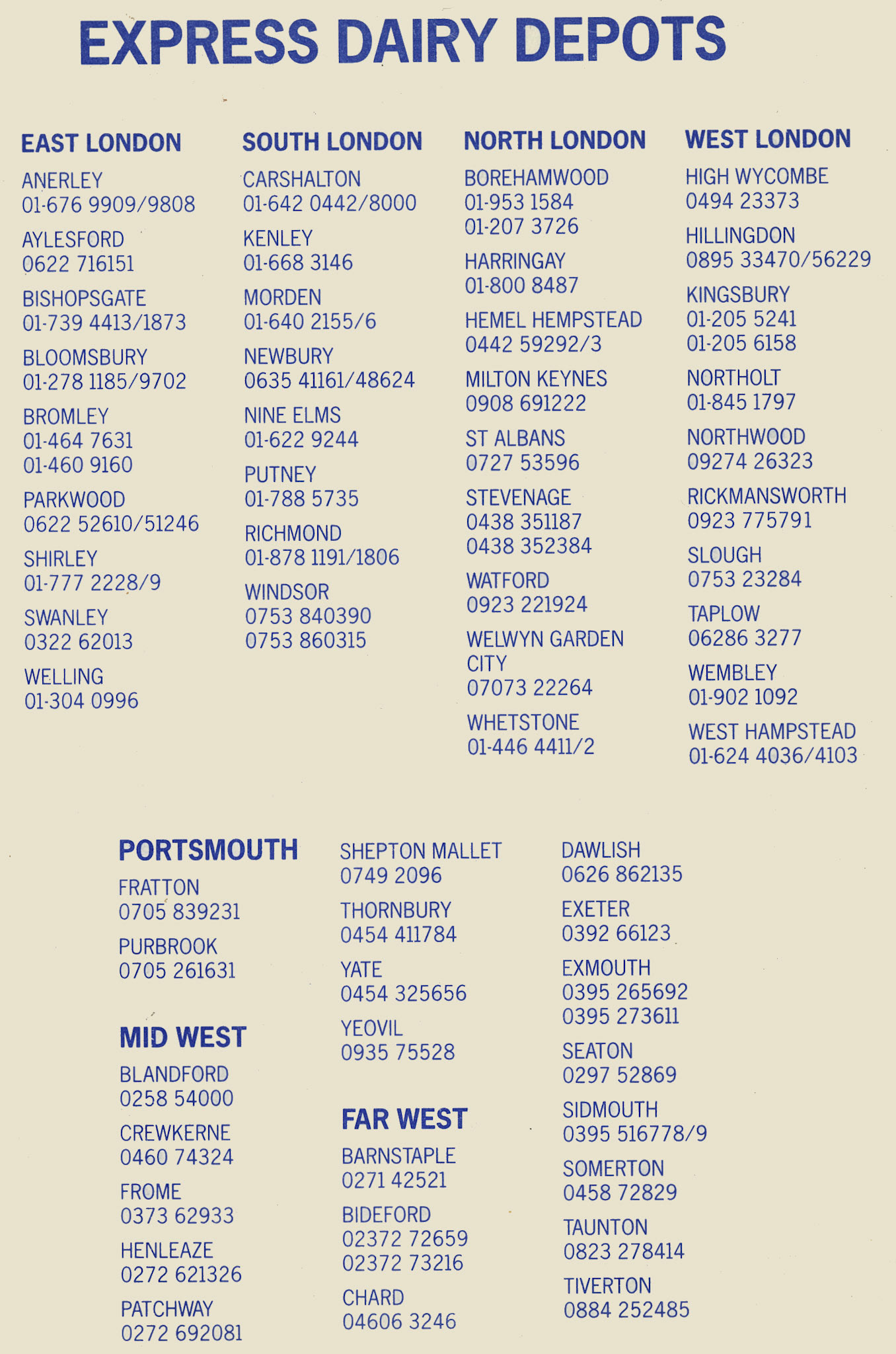 1990's? Retail Depot List for London and West (Courtesy Michael Aldread)