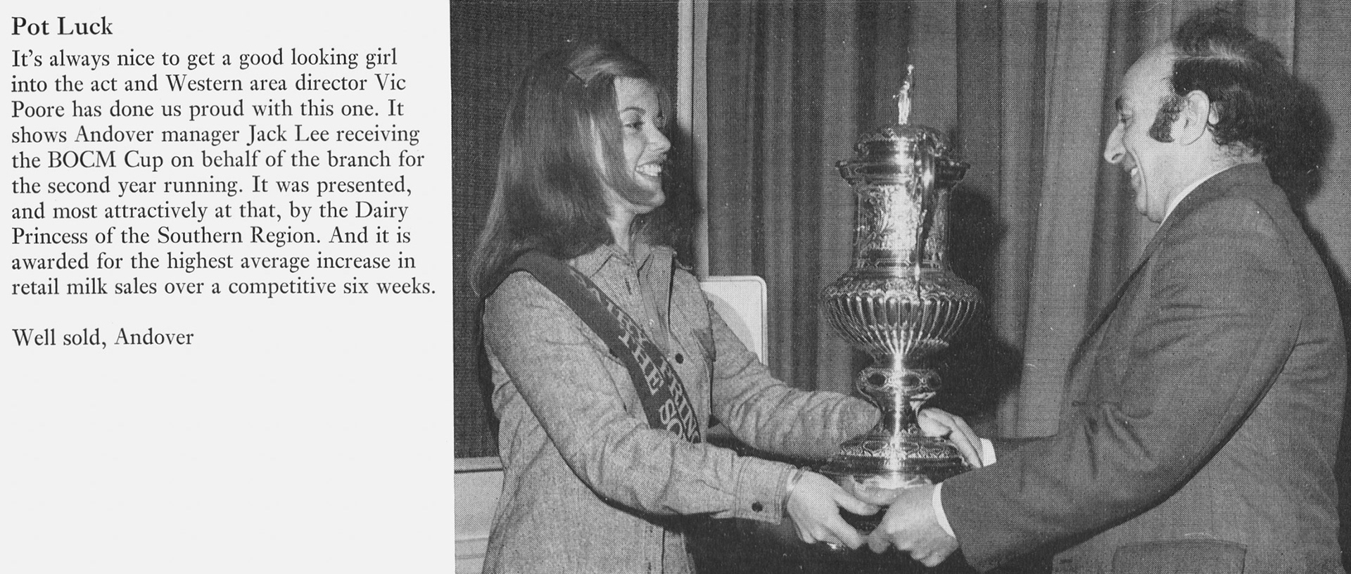 1974 The Southern Region Dairy Princess presents Andover manager Jack Lee with the BOCM Cup. (Express News Summer)