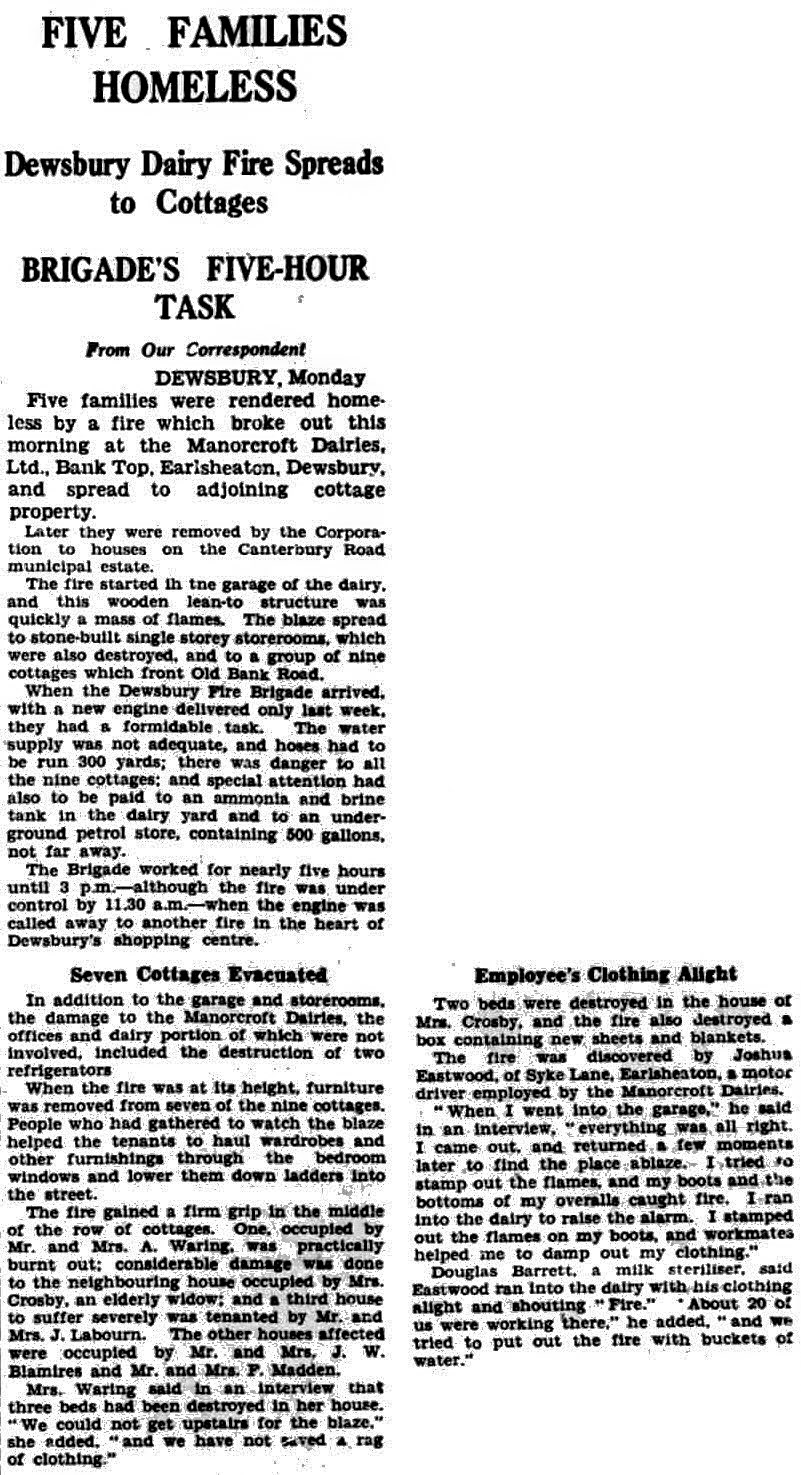 1939 Fire broke out at Dewsbury Dairy leaving five families homeless. (Courtesy of THE BRITISH LIBRARY BOARD)