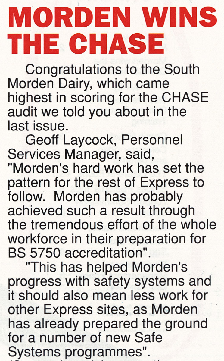 1989 Morden achieve high score in the CHASE Health and Safety Audit