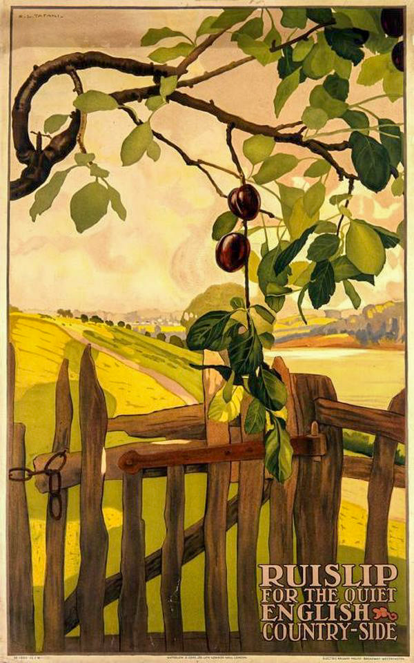 1900's Advert 'Ruislip for the English Countryside'. John Sewell comments "In the early 1900s, posters on the Metropolitan line advertised Ruislip, with leafy lanes, as a trip to the country."