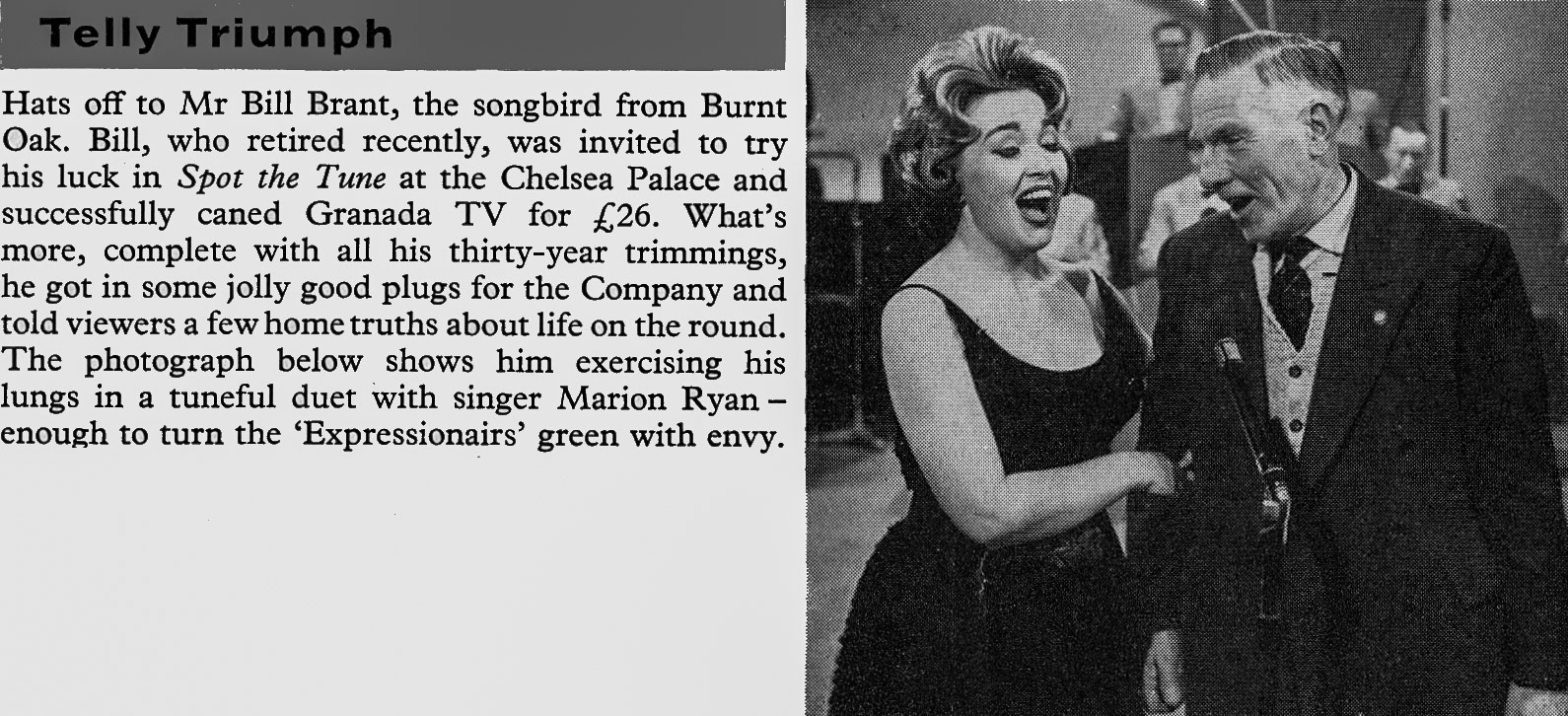 1960 Bill Brant, recently retired from Burnt Oak, on TV. (Express News Summer)