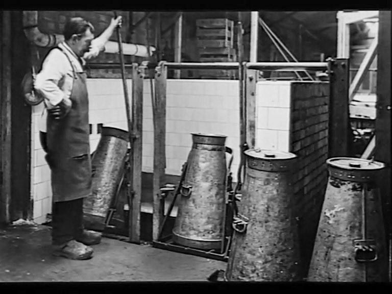 1860s George Barham designed the 17-gallon conical milk churn. (Express 125 Years video still)