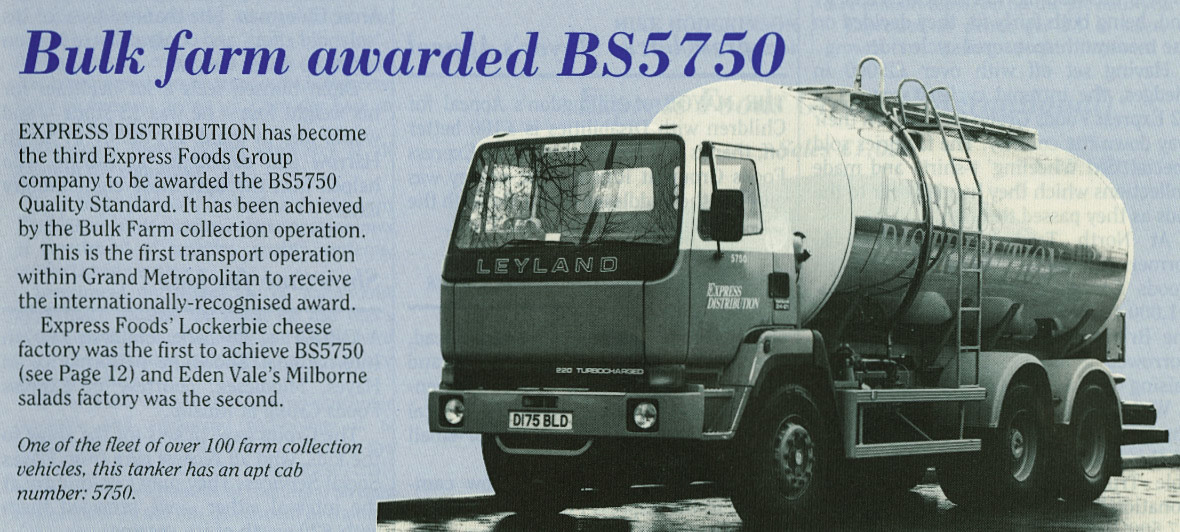 1989 Express Distribution receives BS5750 for its bulk farm collection operation