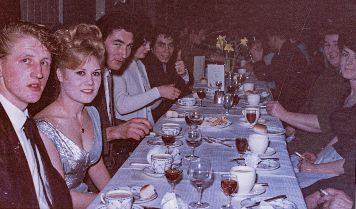 1960's Minsterley Creameries Social Club “Do” or Union Dinner. Len Bailey recognises Tony Lythe, Maggy Smith, Nancy and Bebba Carswell. Kenneth Carswell comments: On the right, MY WONDERFUL MUM AND SISTER LIZ, and at the end on the left Dave Jones and May Jones. (Joe Lyons Collection)