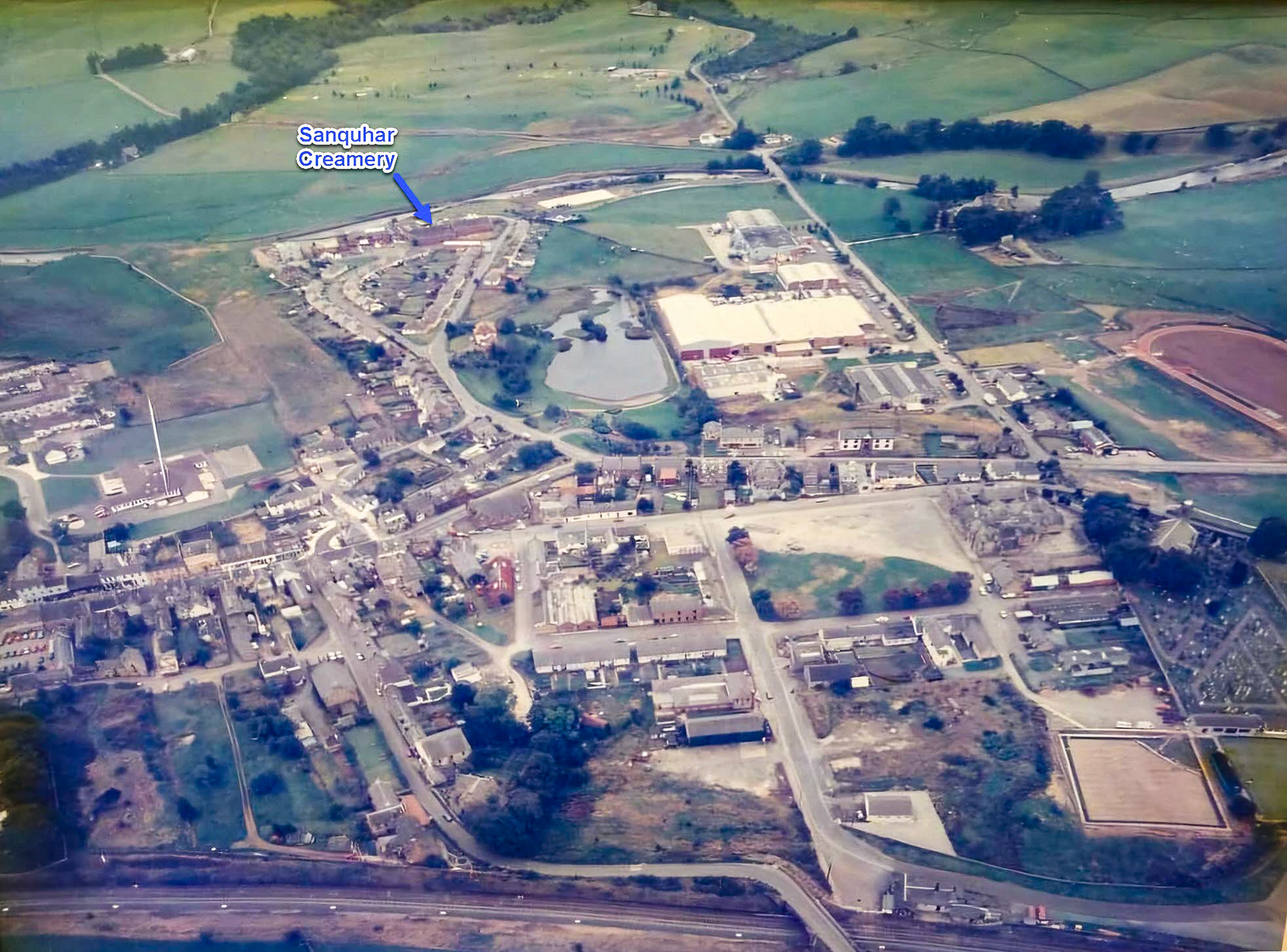 Aerial view of Sanquhar, showing creamery location (Courtesy 'Sanquhar Lass')