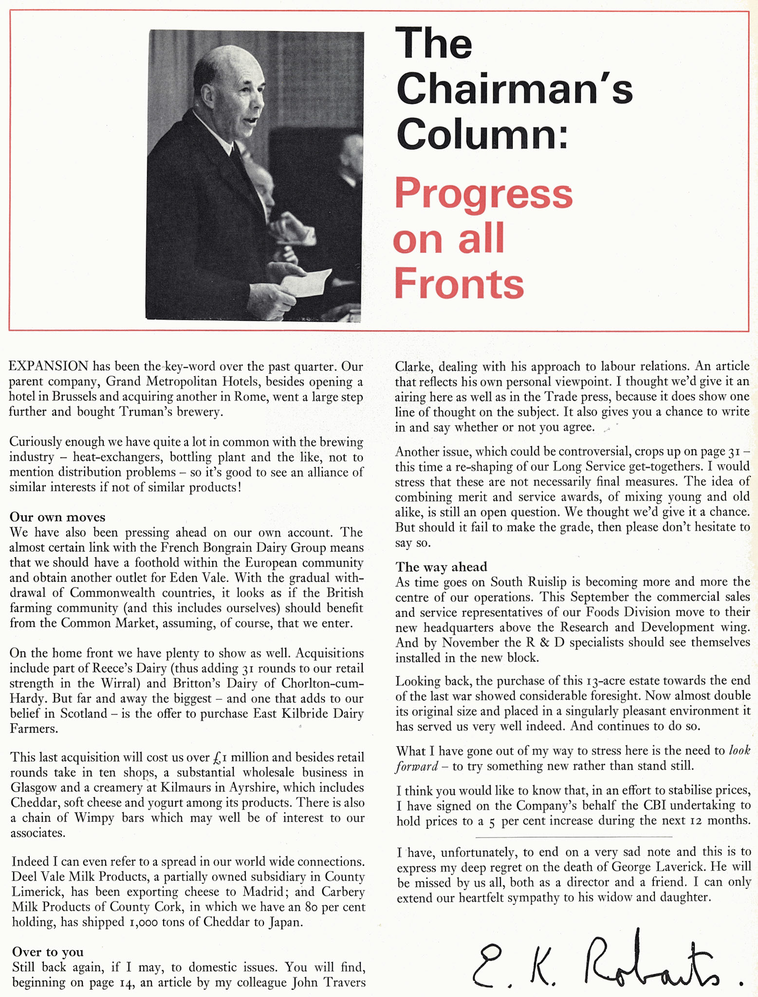1971 E.K. Robarts reports  progress in Autumn 1971, including acquisition of Reece's Dairy and Britton's Dairy. (Courtesy Doreen Williams)