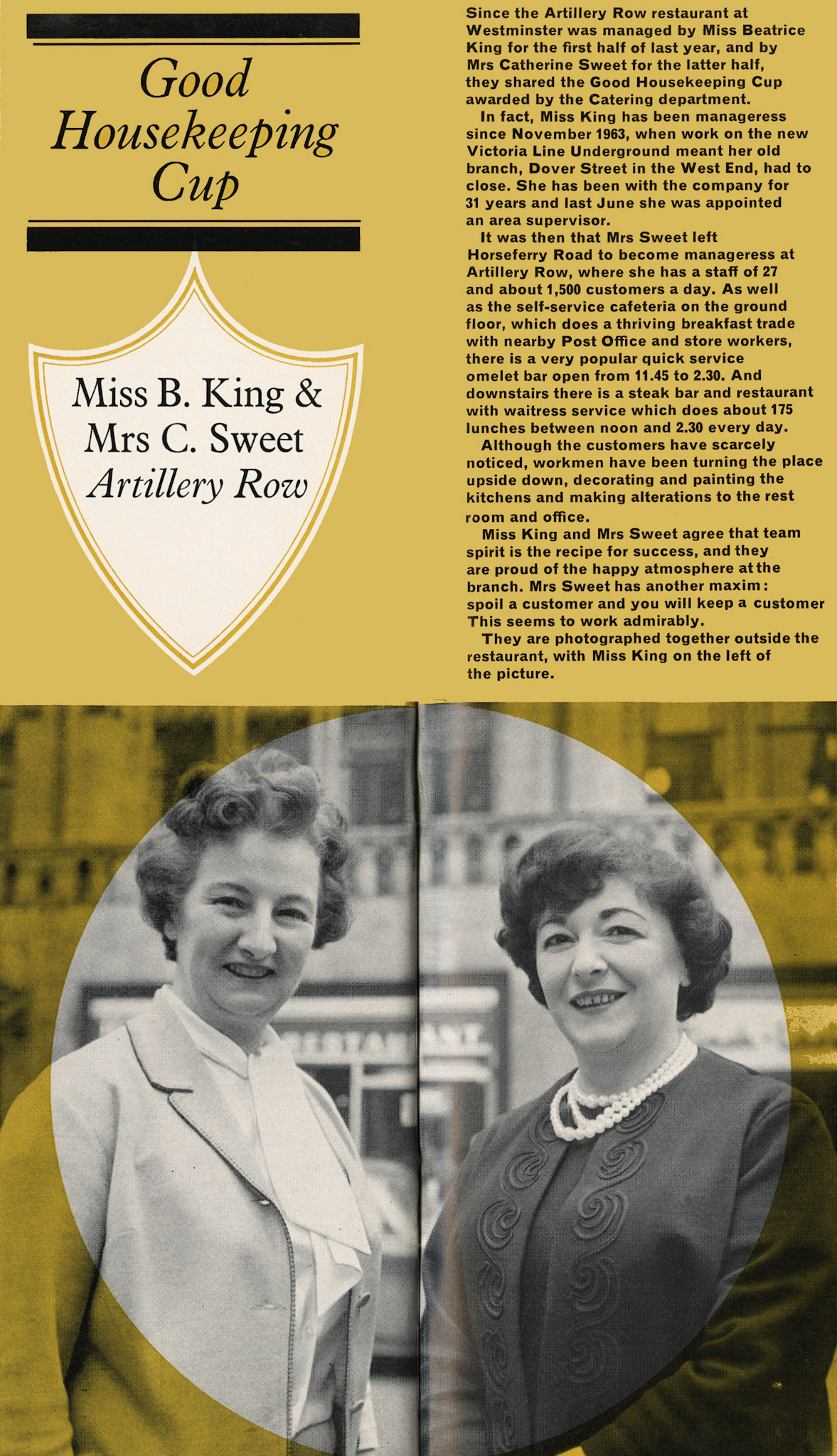 1965 Miss B. King and Mrs C. Sweet receive the Good Housekeeping Cup for the Artillery Row restaurant. (Express News Spring)