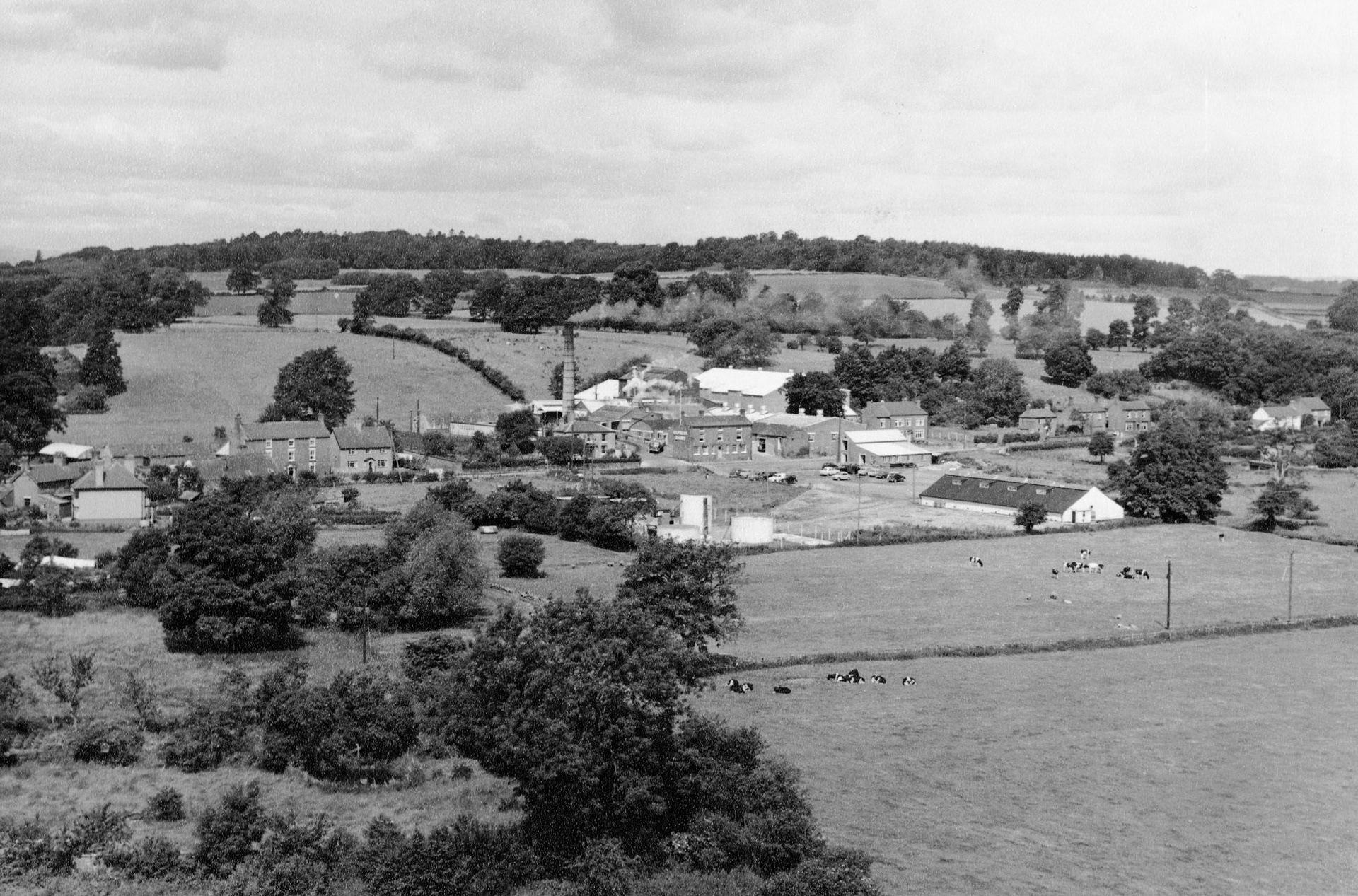 1950's Ruyton-looking down over the village from the churchyard area. Val Lythe comments "I joined the Dairy in 1957, this is how l remember it. Happy days at the Dairy, so many wonderful lovely friends." (Courtesy Margaret Lycett &amp; Chris Edge, Ruyton Revisited FB Group)