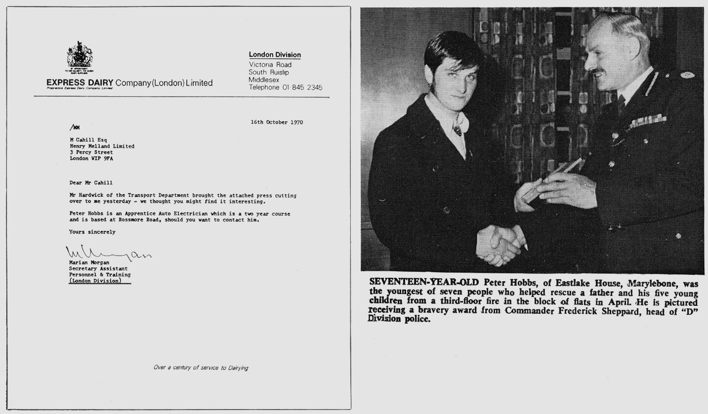 1971 Rossmore Road Apprentice Peter Hobbs received a bravery award for helping rescue a family from burning flats in Marylebone. (Express News Spring)