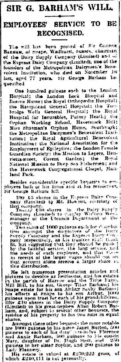 1914 Sir George Barham will. London Evening Standard. (Courtesy of THE BRITISH LIBRARY BOARD)