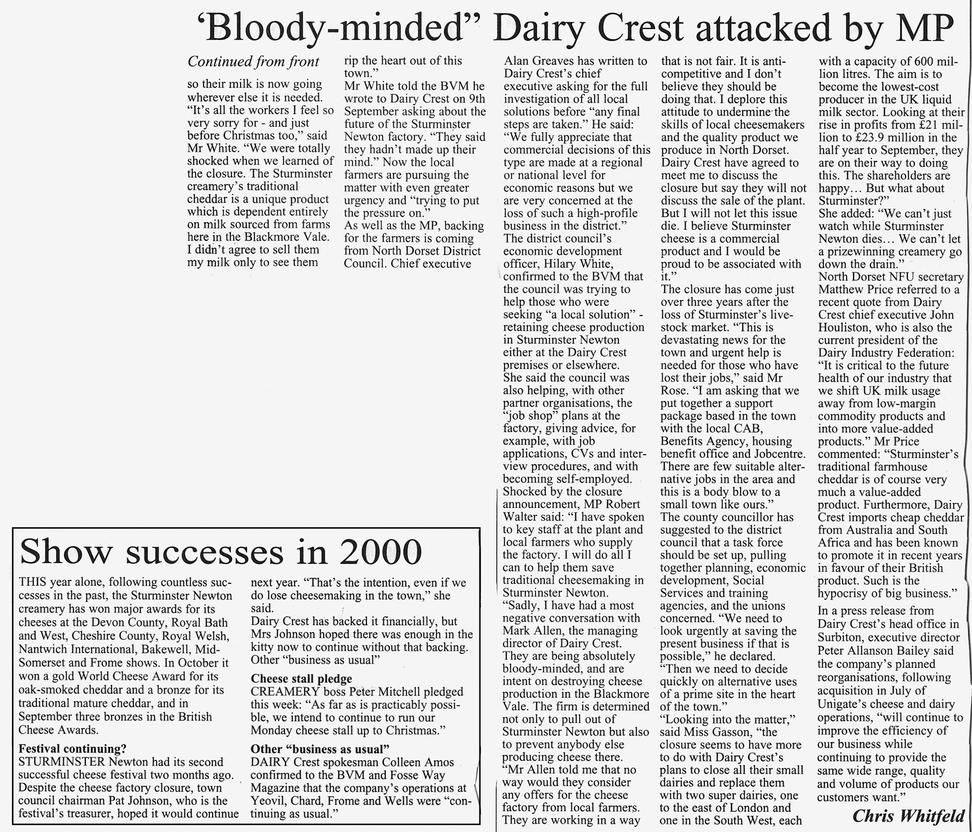 2000 Sturminster Creamery closure reported in the Blackmore Vale Magazine. (Courtesy Andy Wallis)