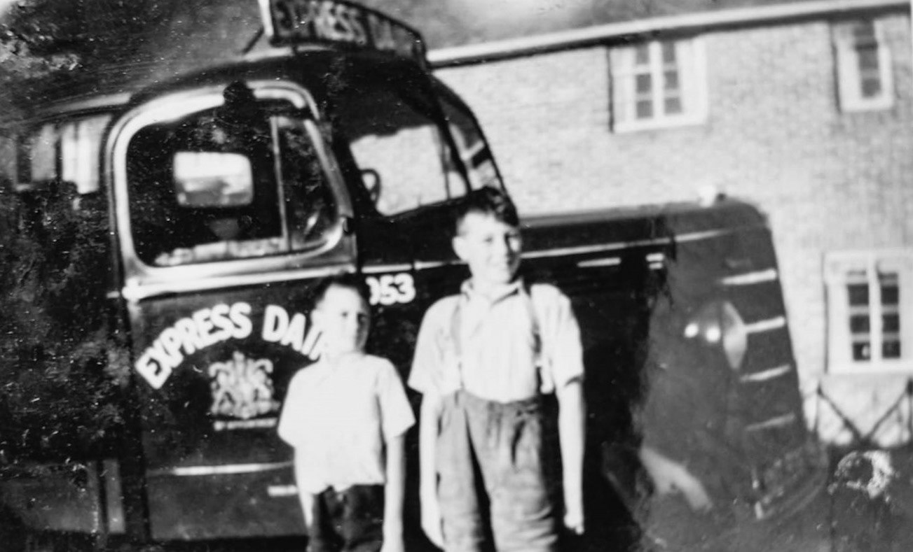 1950's? Billingshurst, Syd Thompson was a driver until the creamery closed in 1965. Nick comments "Alec and Derek, Syd's eldest sons". (Courtesy Nick Thompson)