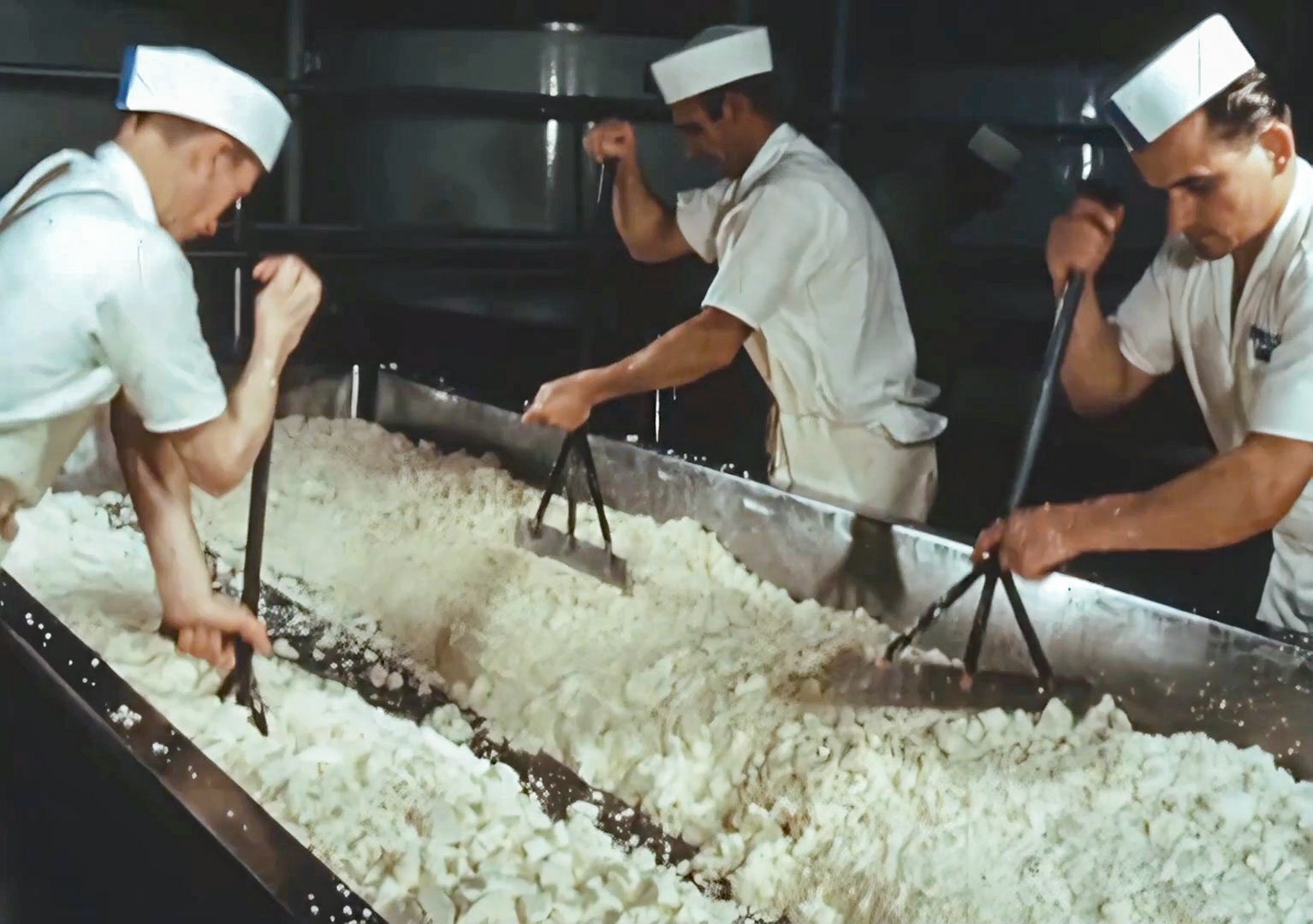 1960s Milborne. Gunus Skudra on the right, identified by Derek Pugh and Erik Skudra (Grandad!). (Still from 'The Art of English Cheesemaking' video)