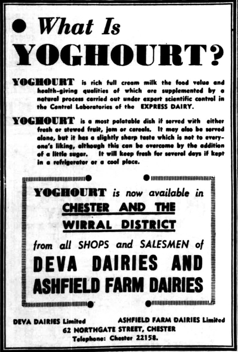 1951 Yoghourt advertisement, from Deva Dairies and Ashfield Farm Dairies. (Courtesy Liverpool Echo - Friday 16 February)