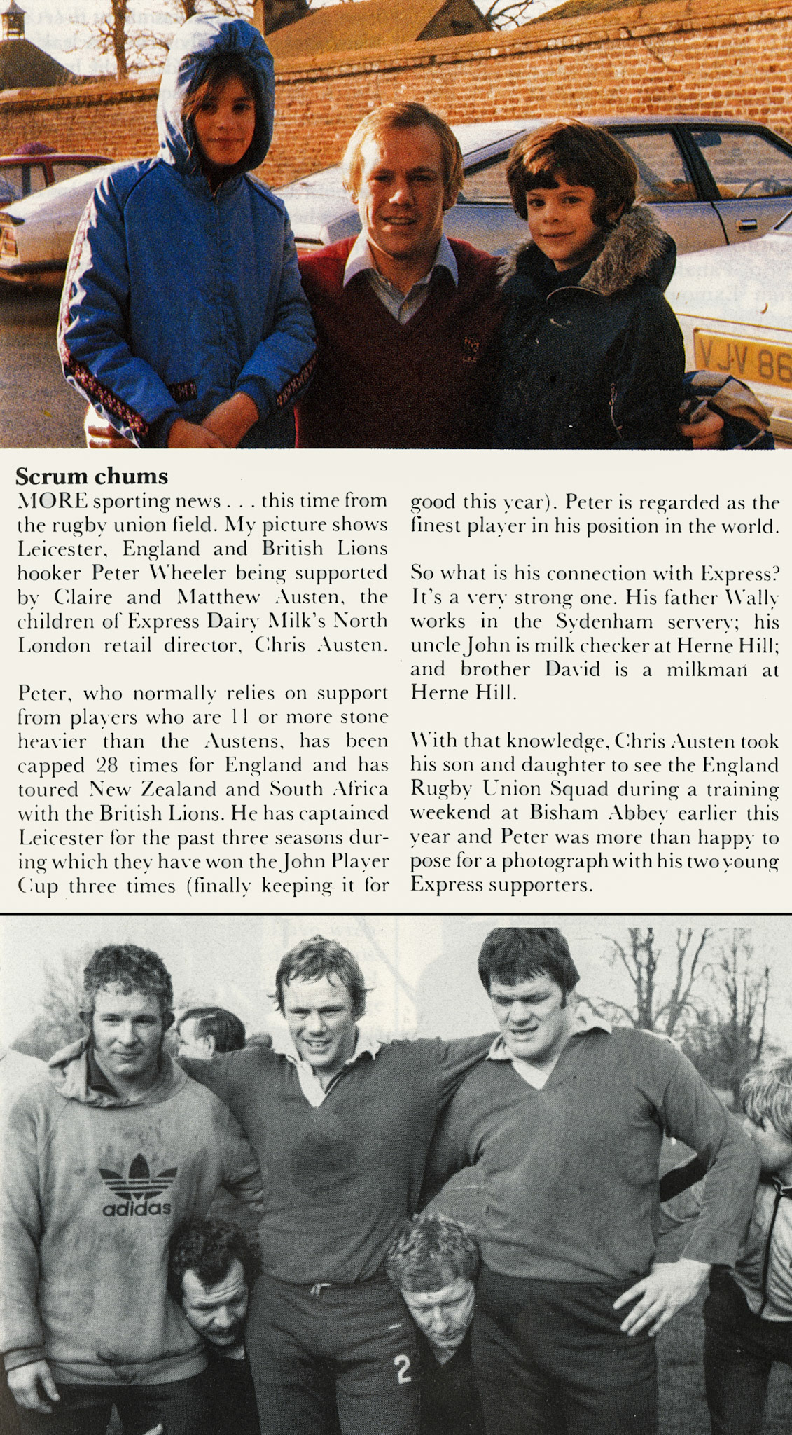 1981 Chris Austen's daughter and son Claire and Matthew with Rugby Union player Peter Wheeler. Peter's father Wally works at Sydenham, and his uncle John and brother David at Herne Hill. (Express News December)