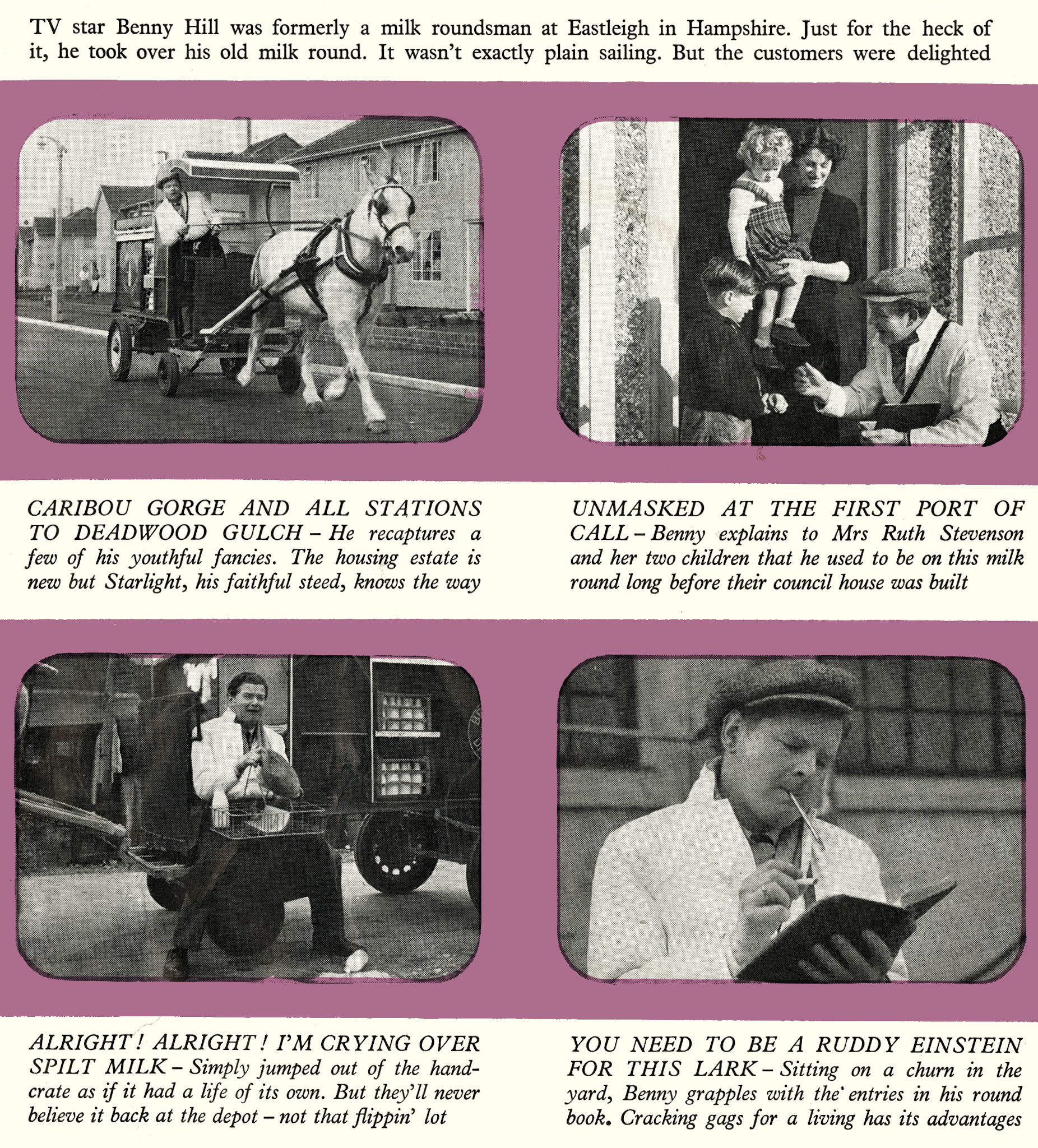 1958 Benny Hill is milkman for the day, again, at Eastleigh, Hampshire.  (Express News September)