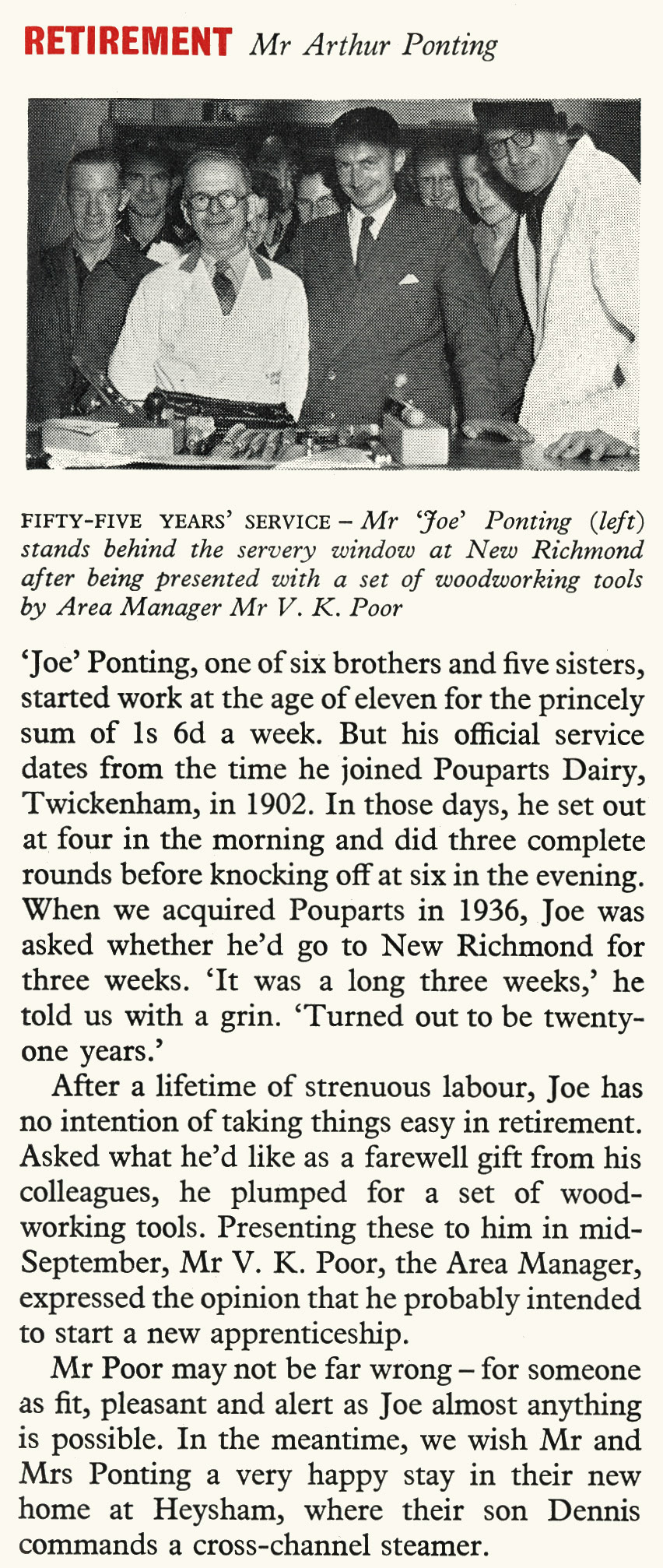 1957 'Joe' Ponting retires from Richmond after 55 years, starting with Pouparts Dairy in Twickenham in 1902. Vic Poor presents a set of woodworking tools.  (Express News March)