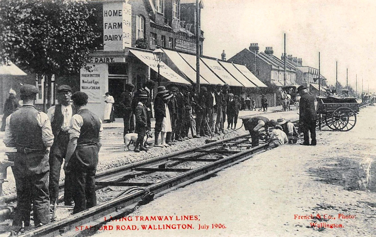 1906 Stafford Road-Clyde Road junction with tramway being laid. Home Farm Dairy shop on the corner.