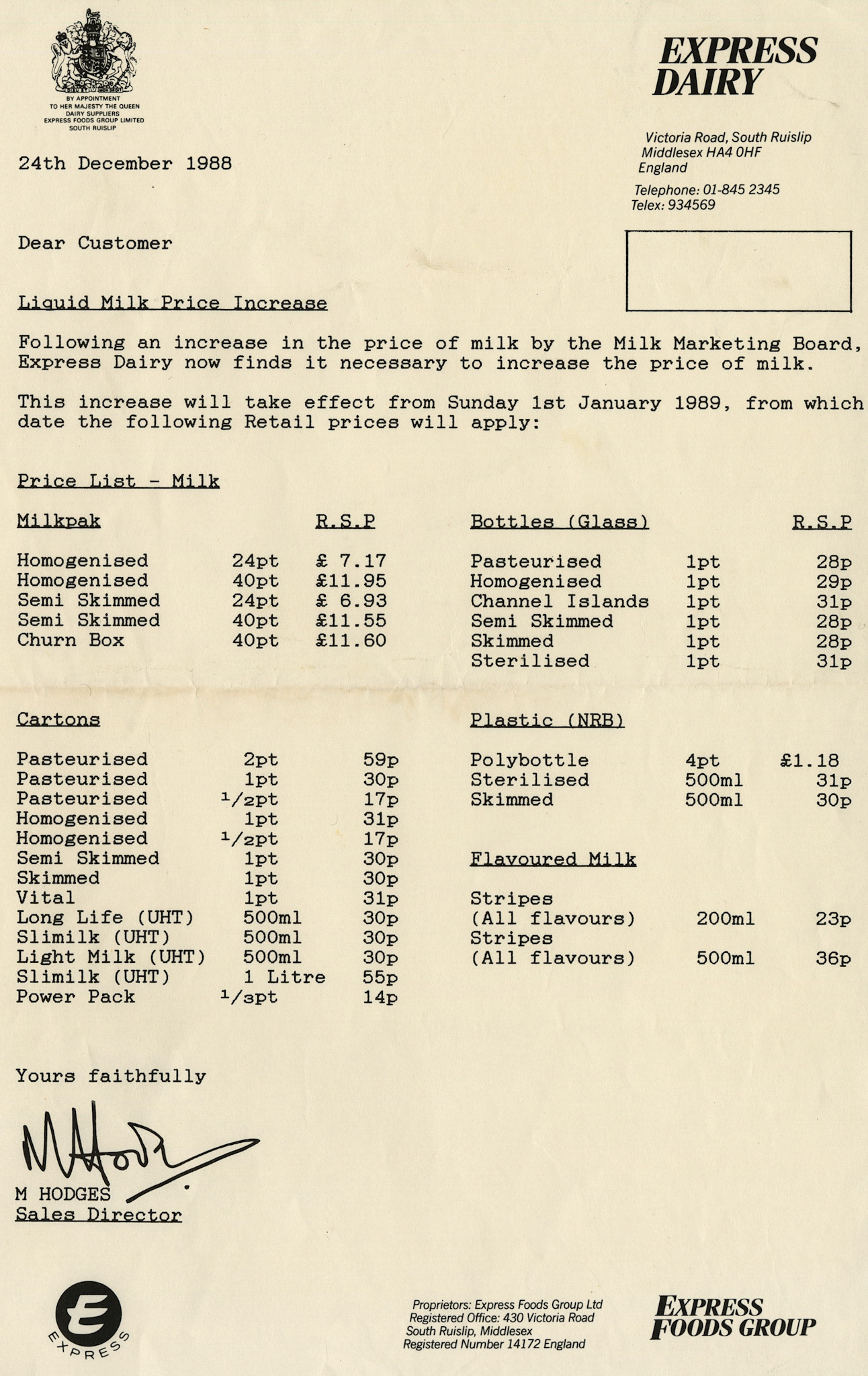 1988 Milk Price Increase to 28p/pint (Courtesy Michael Aldread)