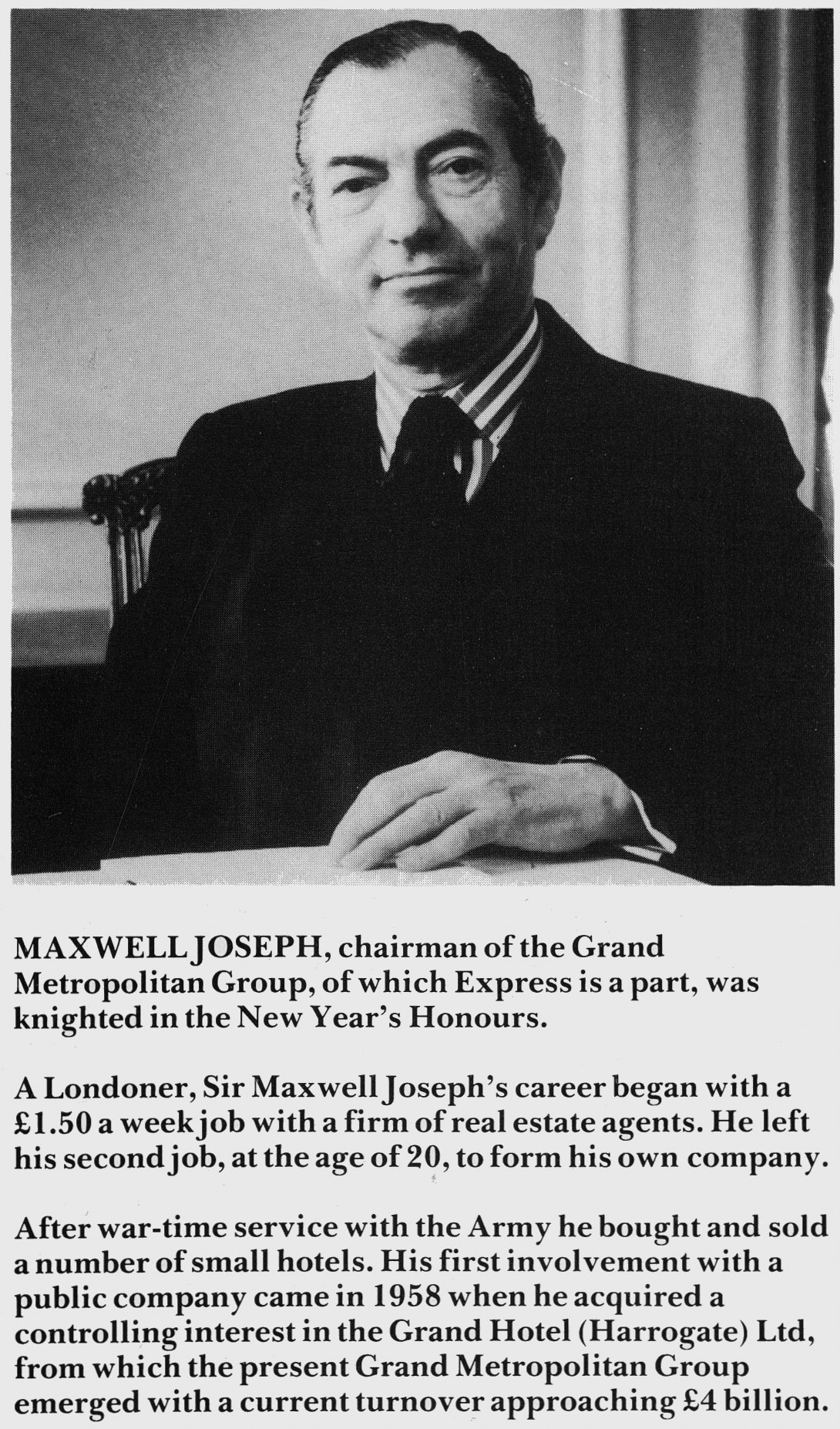 1981 Maxwell Joseph receives a knighthood.  (January Express News)