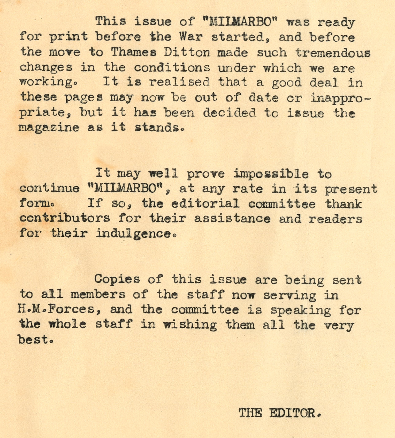 1939 'Milmarbo' in-house magazine, edition 4, published at the outbreak of WWII when staff were preparing to move to the newly constructed Thames Ditton HQ.  (Express Dairy Tales publication)