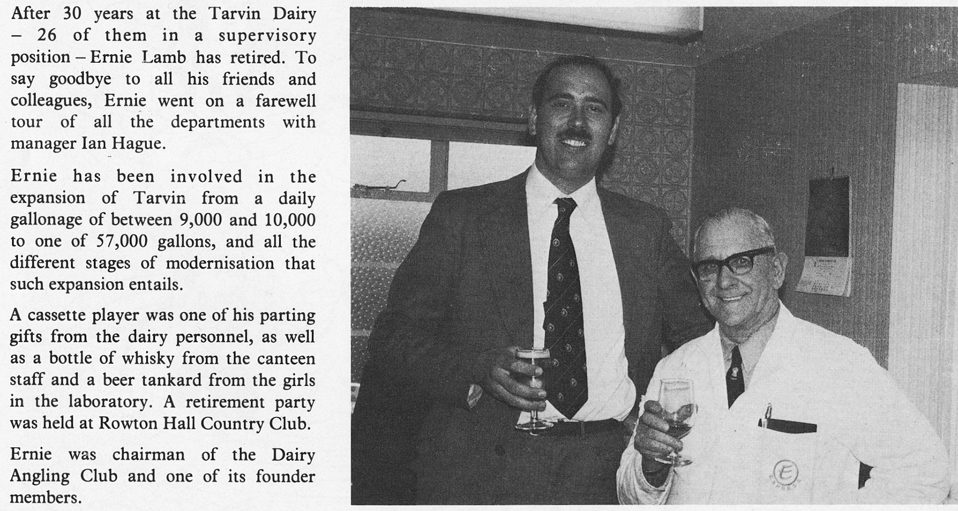 1979 Ernie Lamb retires from Tarvin Dairy after 30 years, with manager Ian Hague.