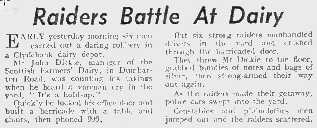 1957 Scottish Farmers Dairy in Clydebank raided. (Courtesy Sunday Post - Sunday 19 May)